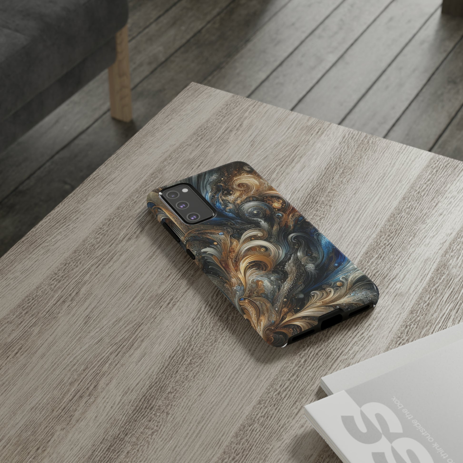 Gold and Navy Art Design Luxury Phone Tough Case Floral Elegant Durable Stylish for Modern Devices iPhone 15, Samsung iPhone Samsung Accessory Gift for Her.