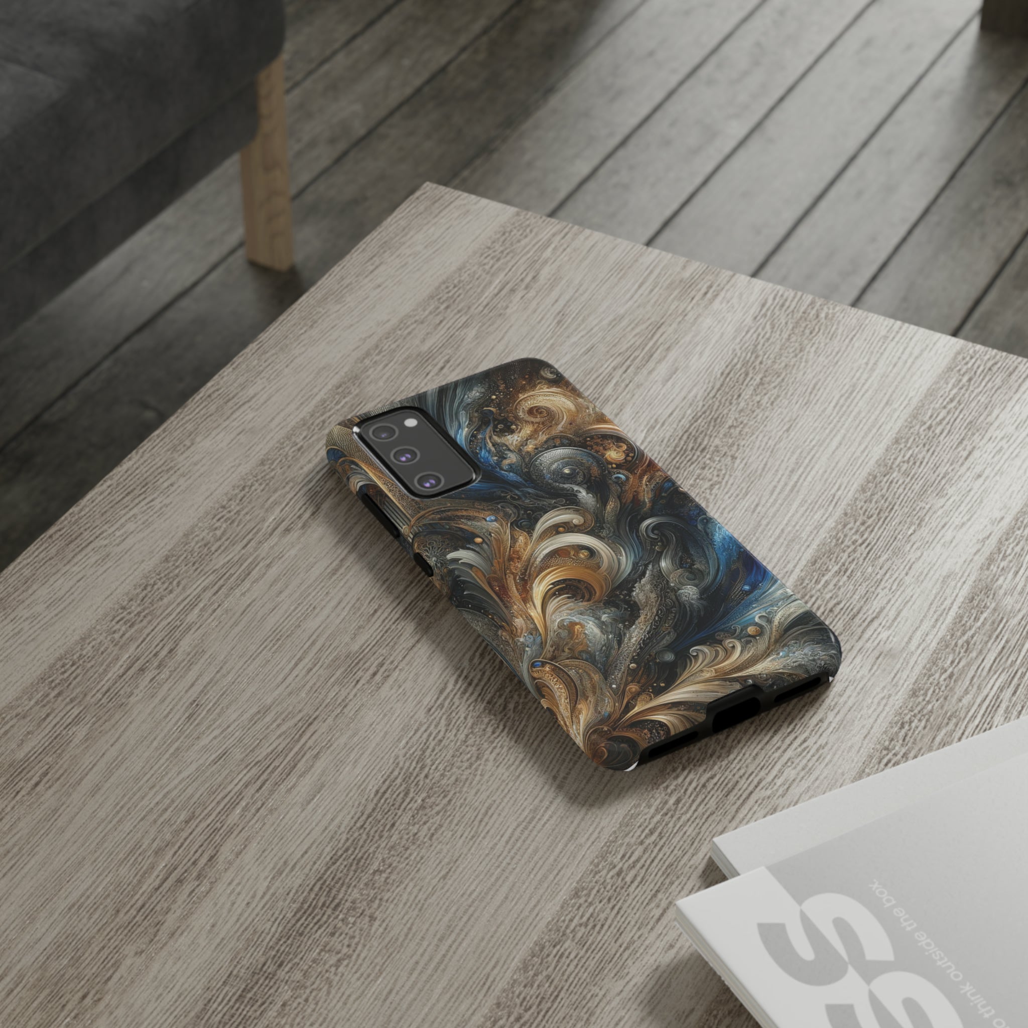 Gold and Navy Art Design Luxury Phone Tough Case Floral Elegant Durable Stylish for Modern Devices iPhone 15, Samsung iPhone Samsung Accessory Gift for Her.