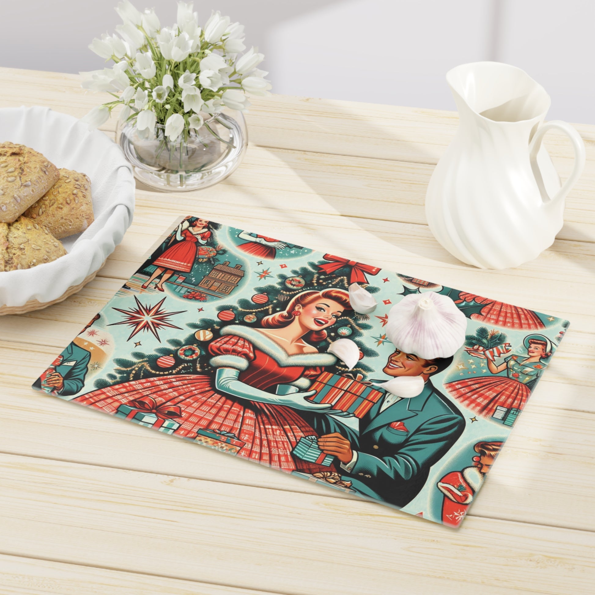 Vintage Charm Glass Cutting Board Retro 50s Starburst Kitsch Art Design Tempered Glass Cutting Board Durable Kitchen Decor with Elegant Design, Housewarming, New House Gift - MRSBYVALLE