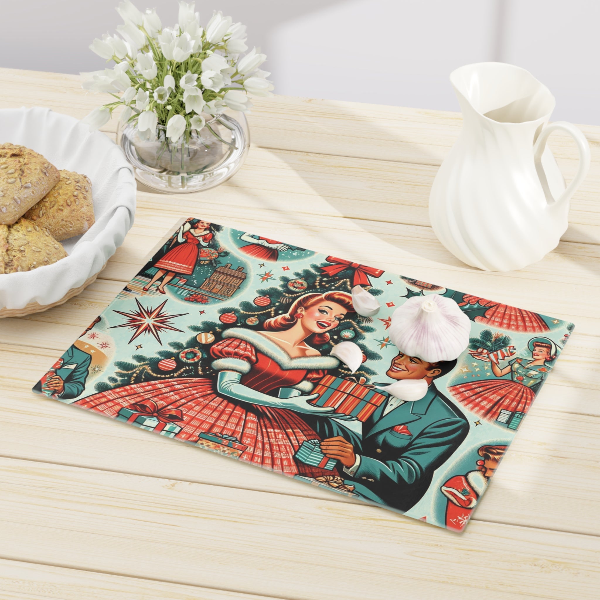 Vintage Charm Glass Cutting Board Retro 50s Starburst Kitsch Art Design Tempered Glass Cutting Board Durable Kitchen Decor with Elegant Design, Housewarming, New House Gift - MRSBYVALLE