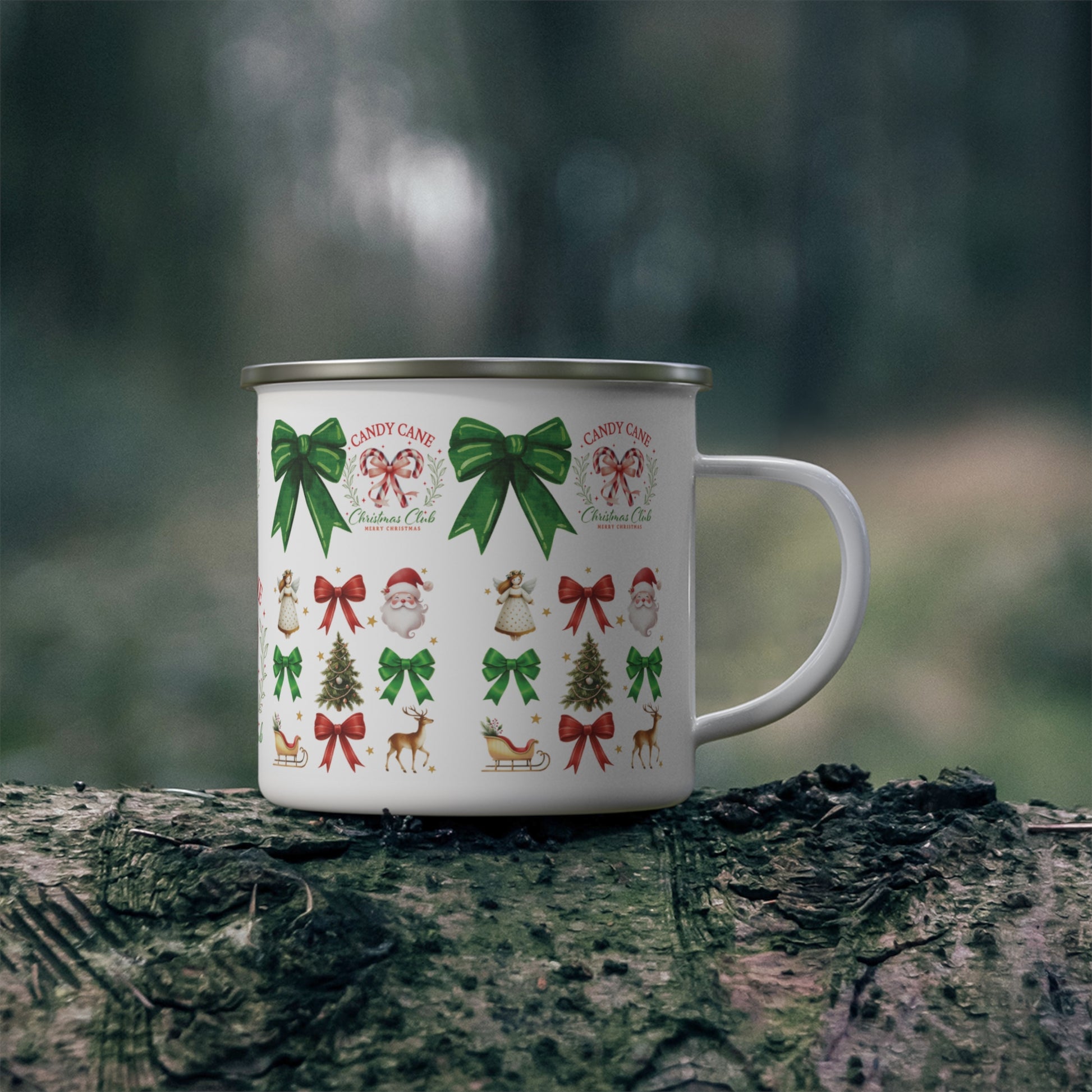Christmas Enamel Camping Mug 12oz Enamel Camping Mug Red and Green Bows Durable, Lightweight Mug for Holiday Camping, Hot Cocoa, Coffee | Perfect Christmas Gift - MRSBYVALLE