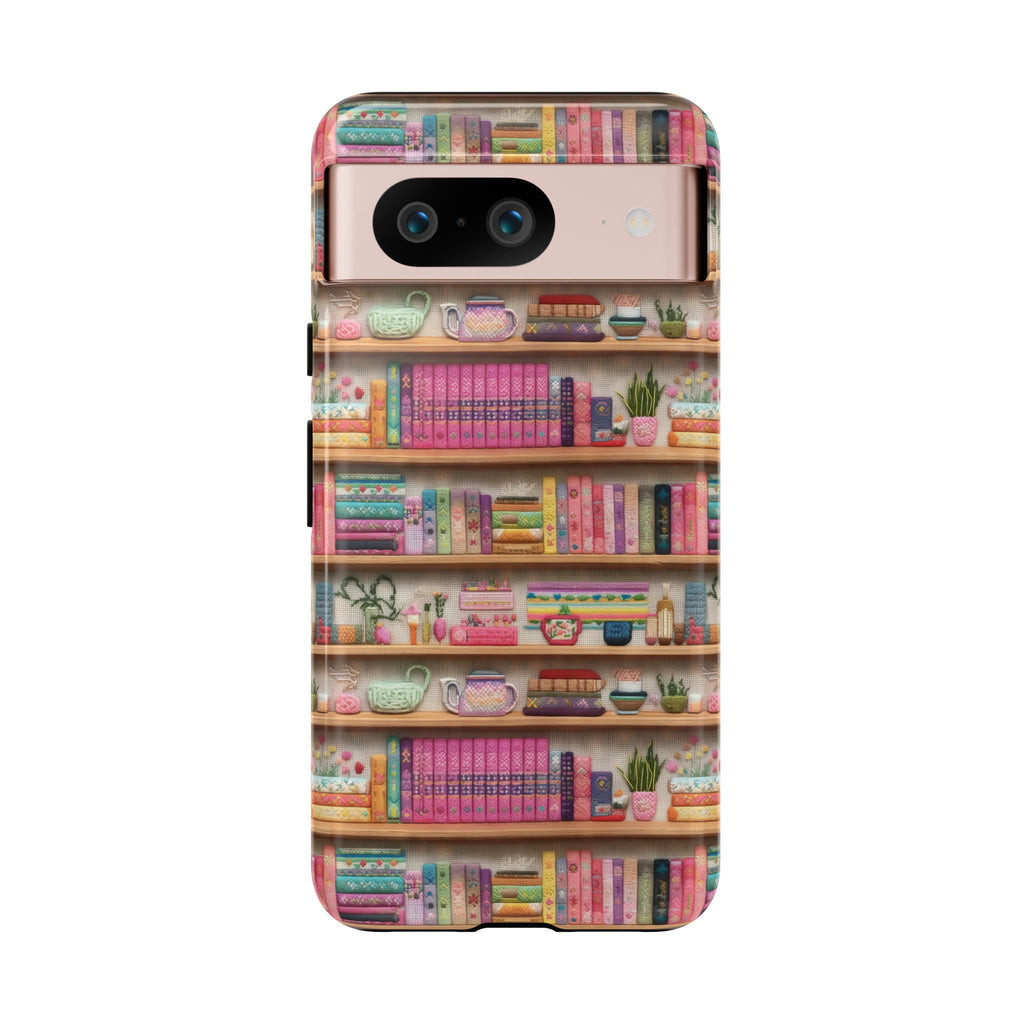 Whimsical 3D Embroidery Illusion Books on Pastel Shelves Phone Case for iPhone, Samsung & Pixel: Unique Accessory for Literary Enthusiasts Gift for Her Perfect for Floral Lover