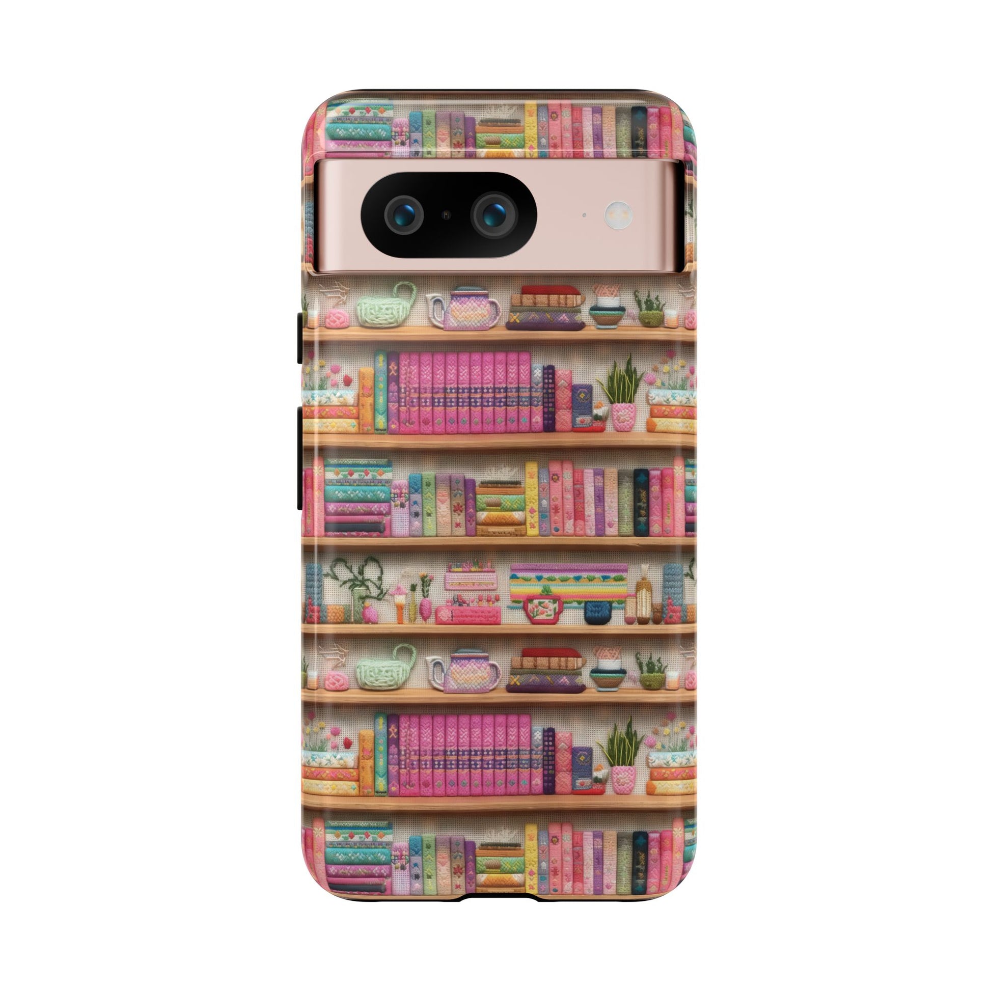 Whimsical 3D Embroidery Illusion Books on Pastel Shelves Phone Case for iPhone, Samsung & Pixel: Unique Accessory for Literary Enthusiasts Gift for Her Perfect for Floral Lover