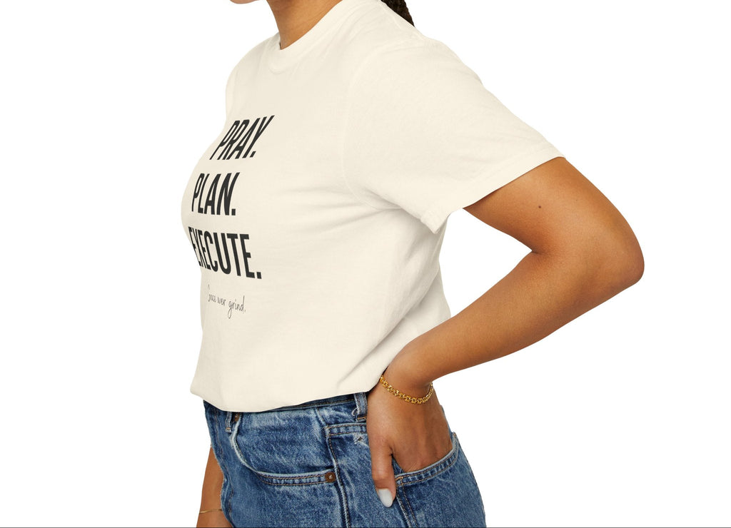 Woman wearing a white t-shirt with text on a white background