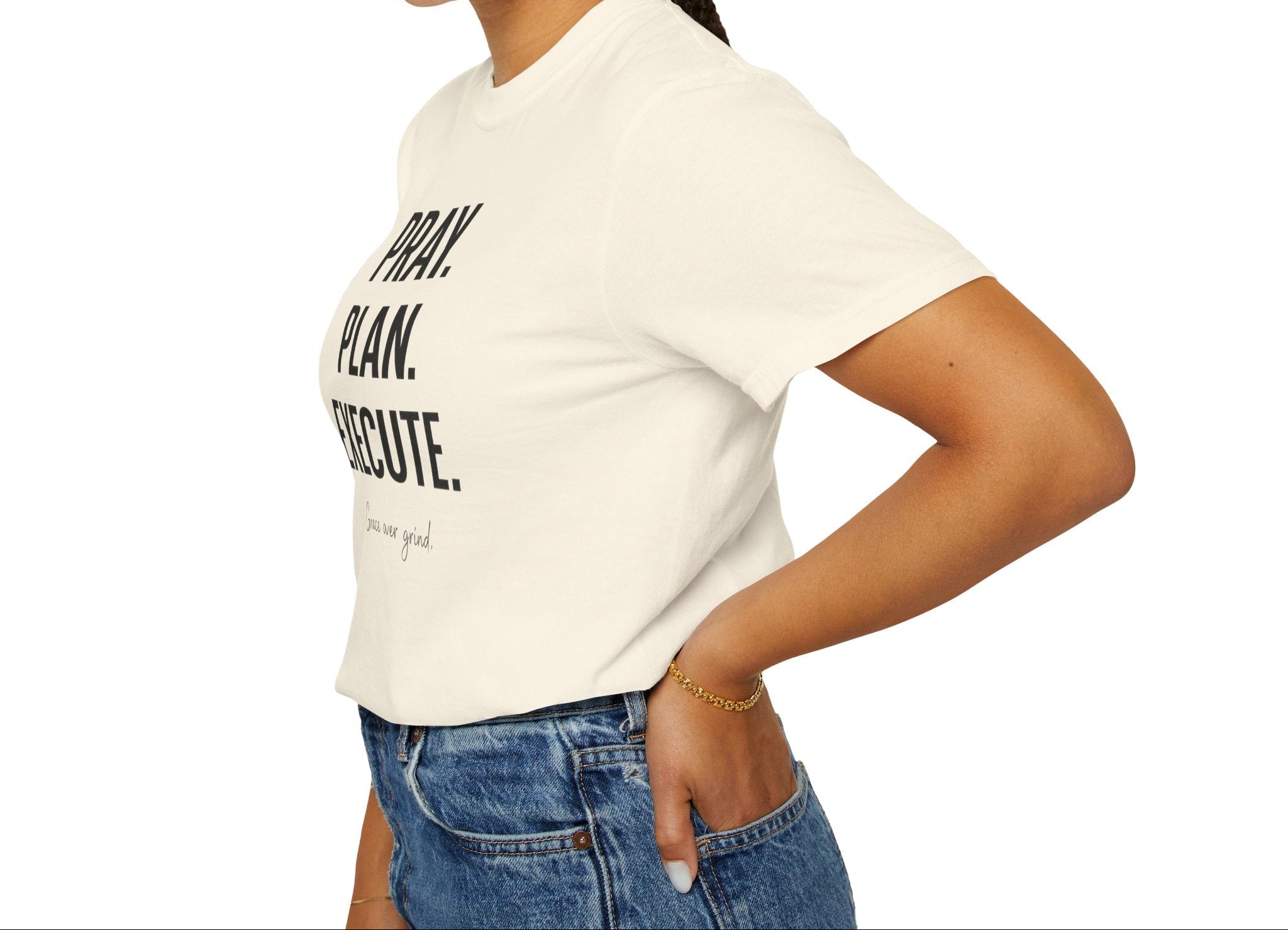 Woman wearing a white t-shirt with text on a white background