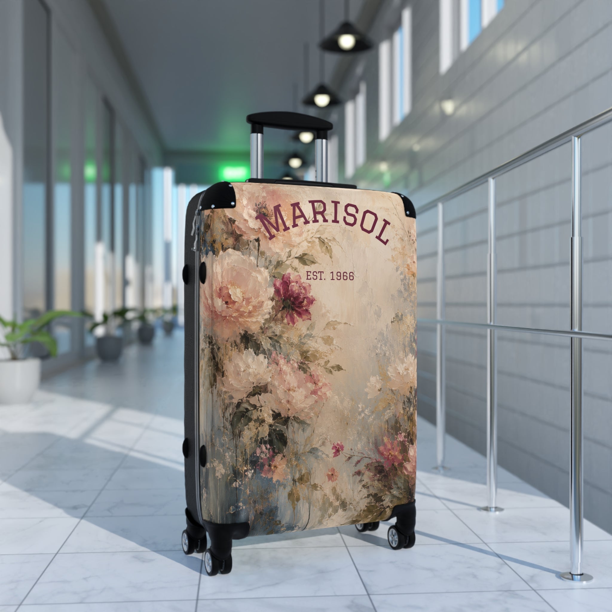 Personalized Floral Suitcase Cover — "Custom Name" Vintage Roses Travel Luggage