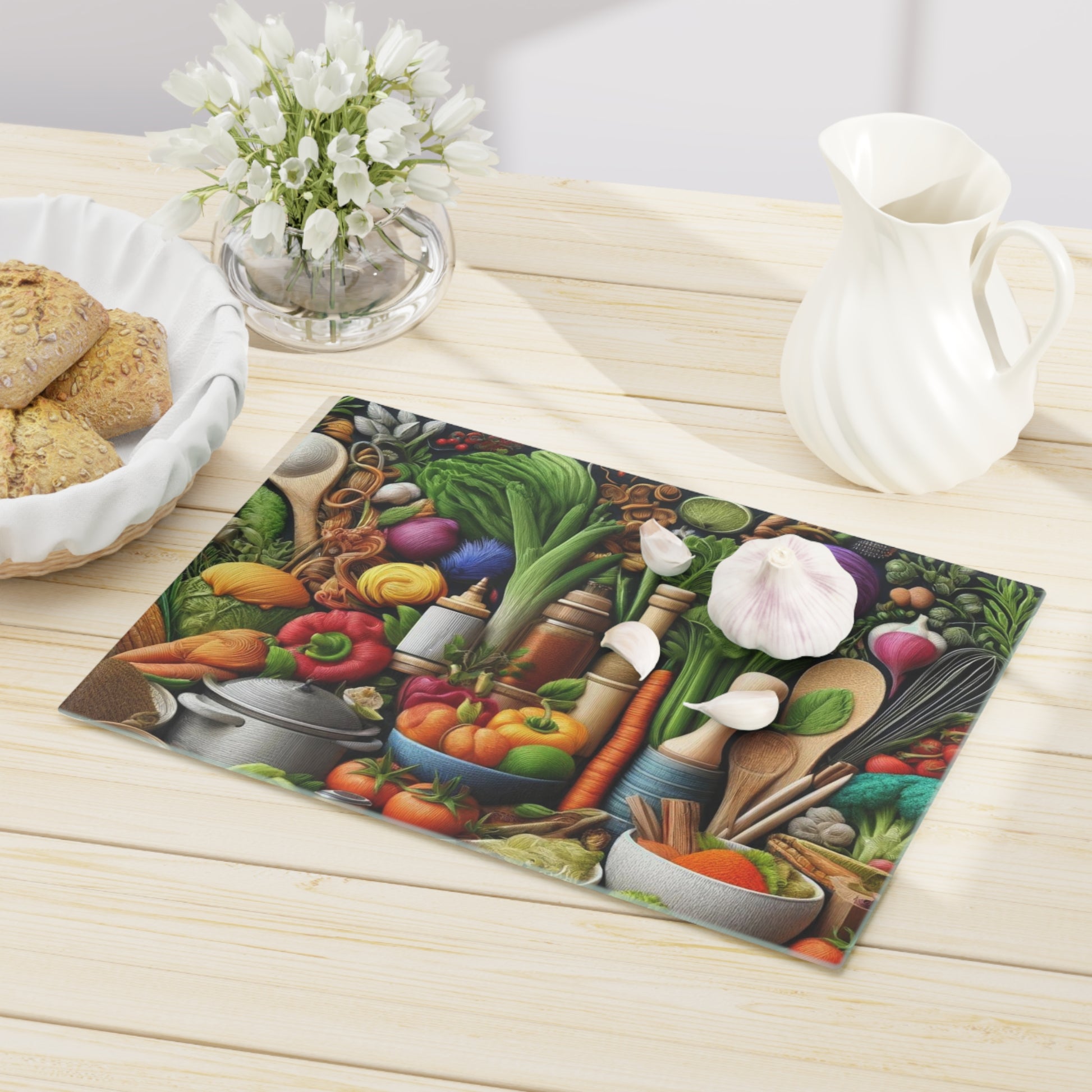 Vibrant Harvest Lively Fruit & Veggie Design Glass Cutting Board for Culinary Inspiration, Housewarming, New House Gift for the Chef or Cook - MRSBYVALLE