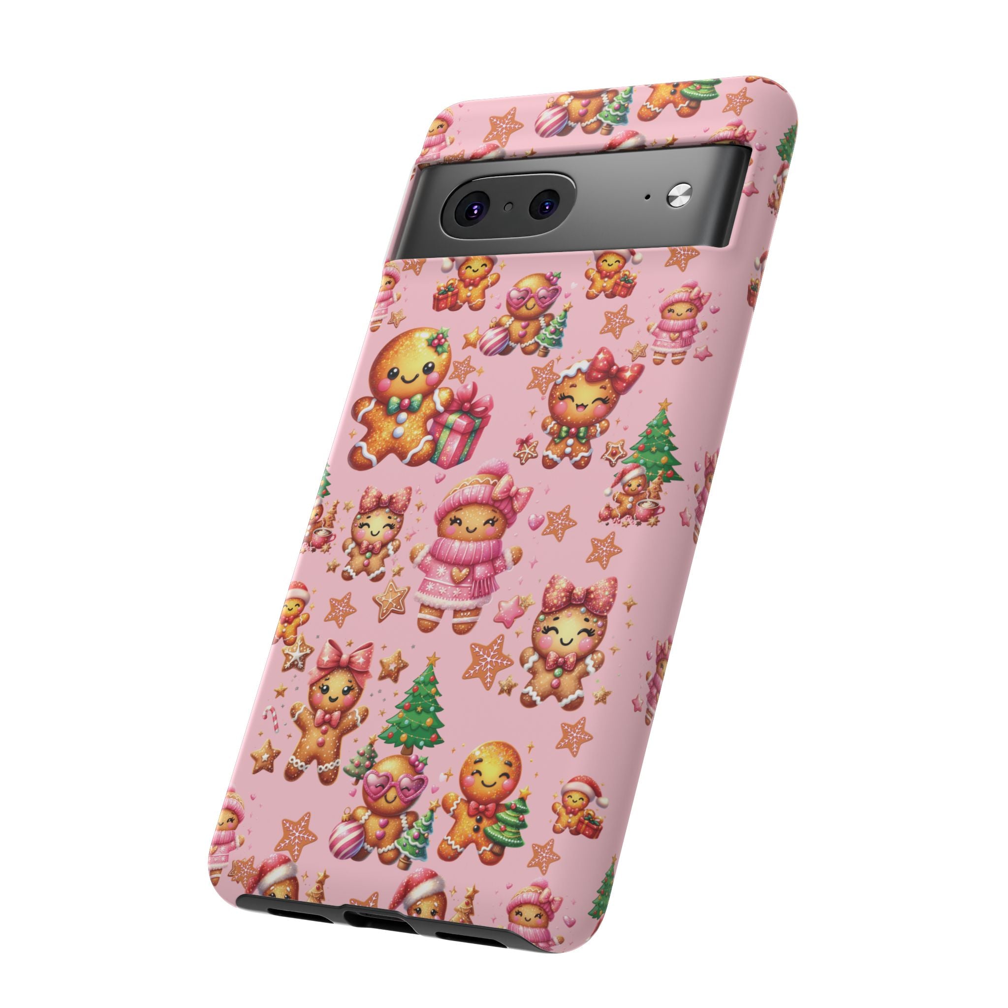Coque de téléphone en forme de petite fille pain d'épices rose adorable, ambiance girly pour les fêtes, esthétique douce de Noël, idée cadeau mignonne et festive pour elle, housse de protection amusante