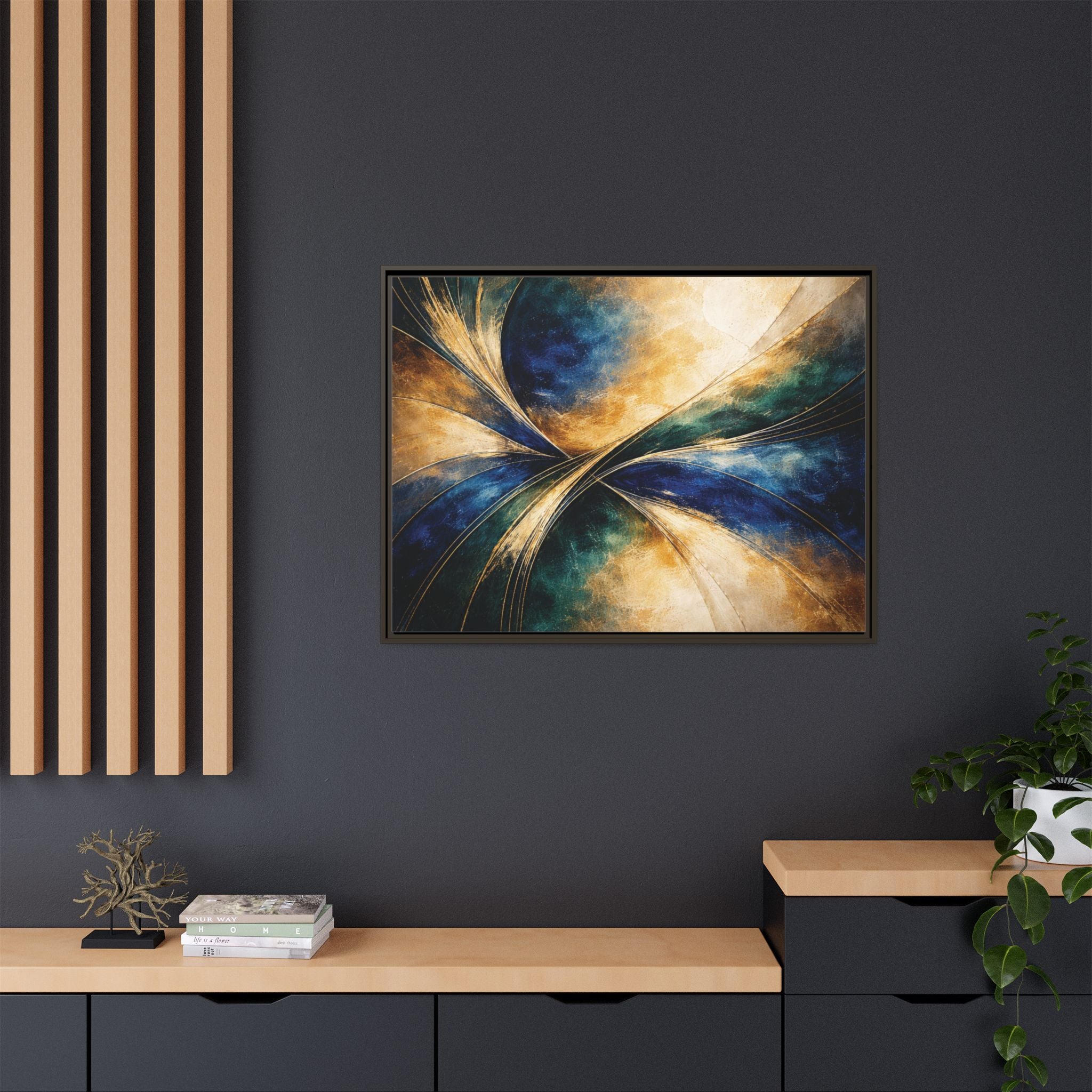 Gilded Convergence  Luxe NeoDeco Blue & Gold Abstract Wall Art Framed