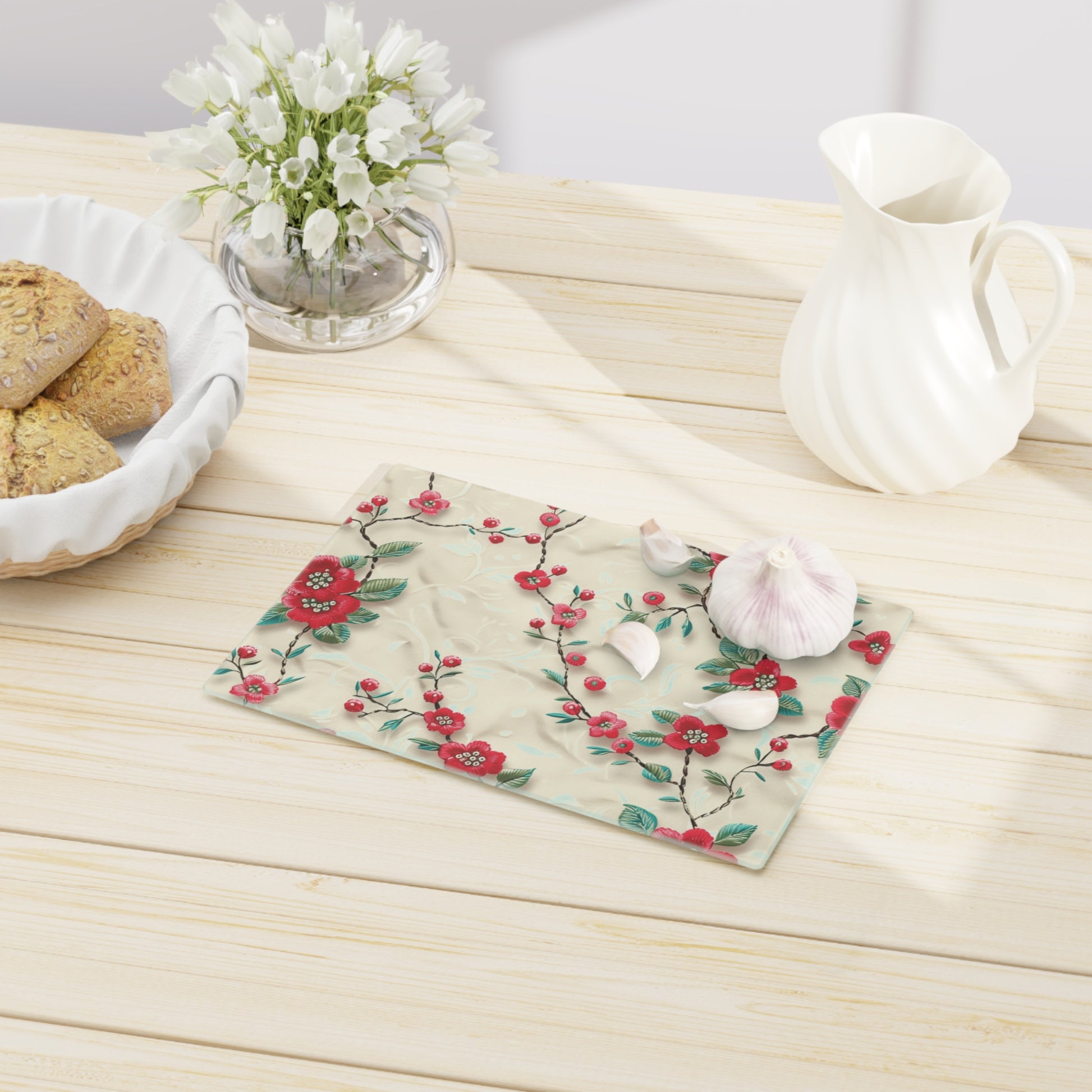 Vibrant 3D Embroidery Illusion Red Flowers Tempered Glass Cutting Board: Durable & Stylish for Cooking and Serving Stylish Cooking Kitchen Decor Housewarming, New House Gift - MRSBYVALLE