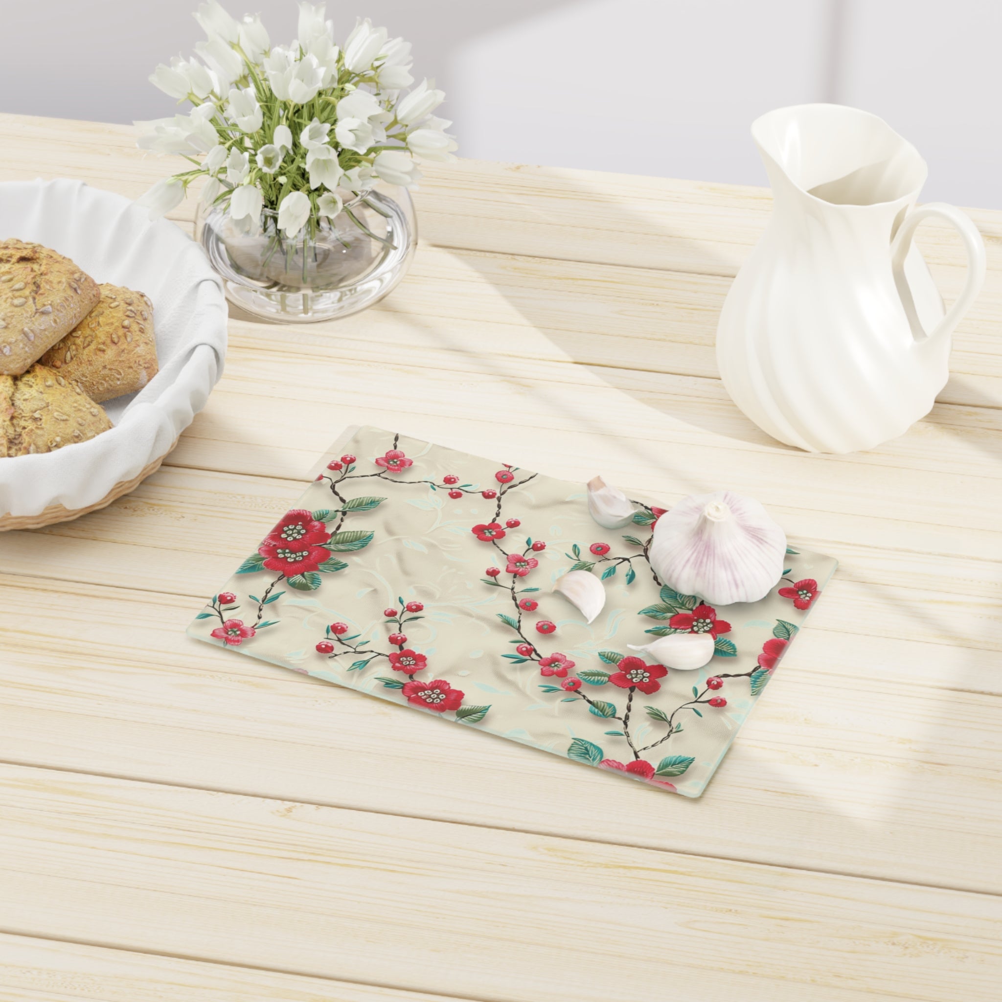 Vibrant 3D Embroidery Illusion Red Flowers Tempered Glass Cutting Board: Durable & Stylish for Cooking and Serving Stylish Cooking Kitchen Decor Housewarming, New House Gift - MRSBYVALLE