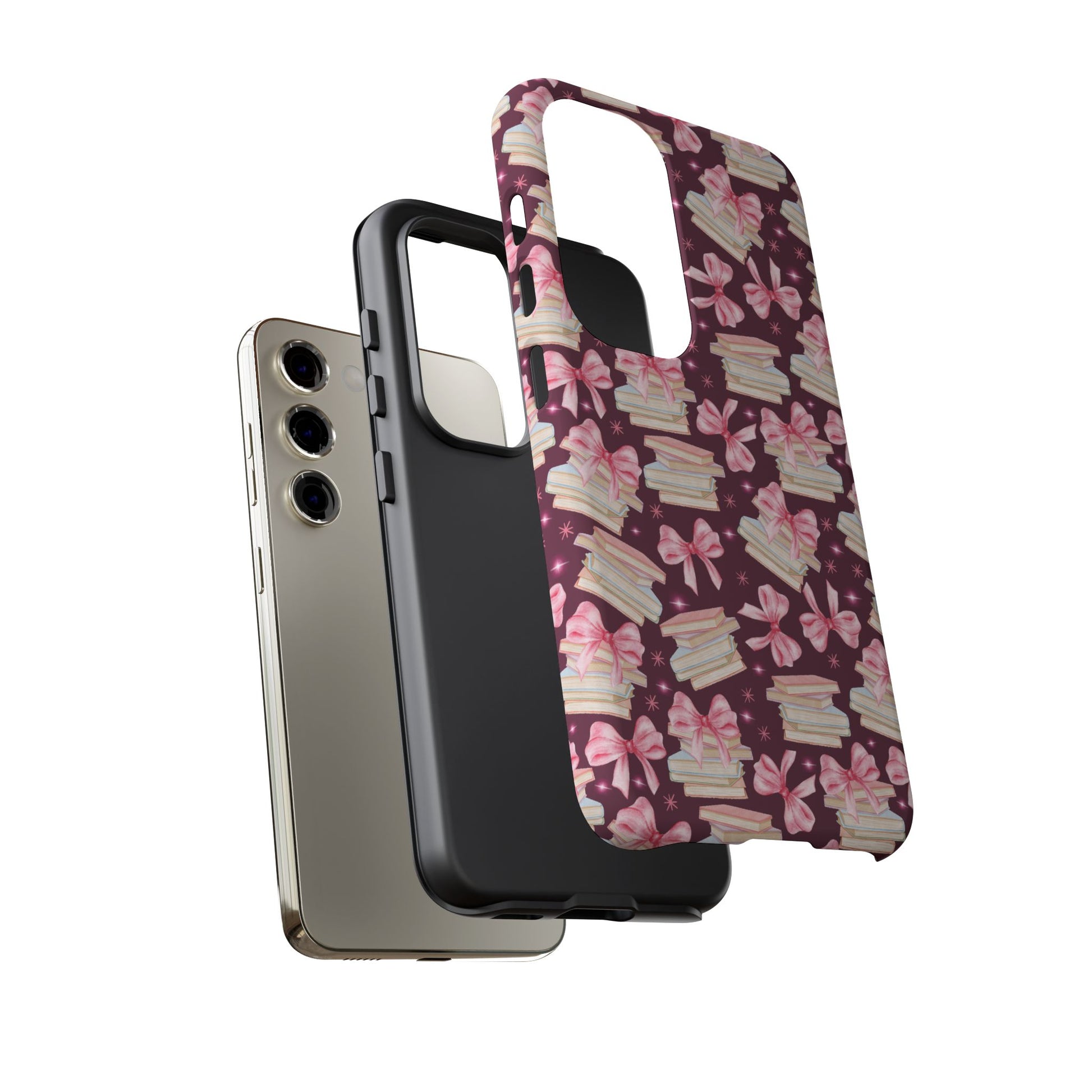 Coquette Pink Bows & Books Phone Case for iPhone 16 15 14 13 12  21 23 Samsung, and Pixel | Stylish Protective Cover Gift for Her Perfect for Floral Lover