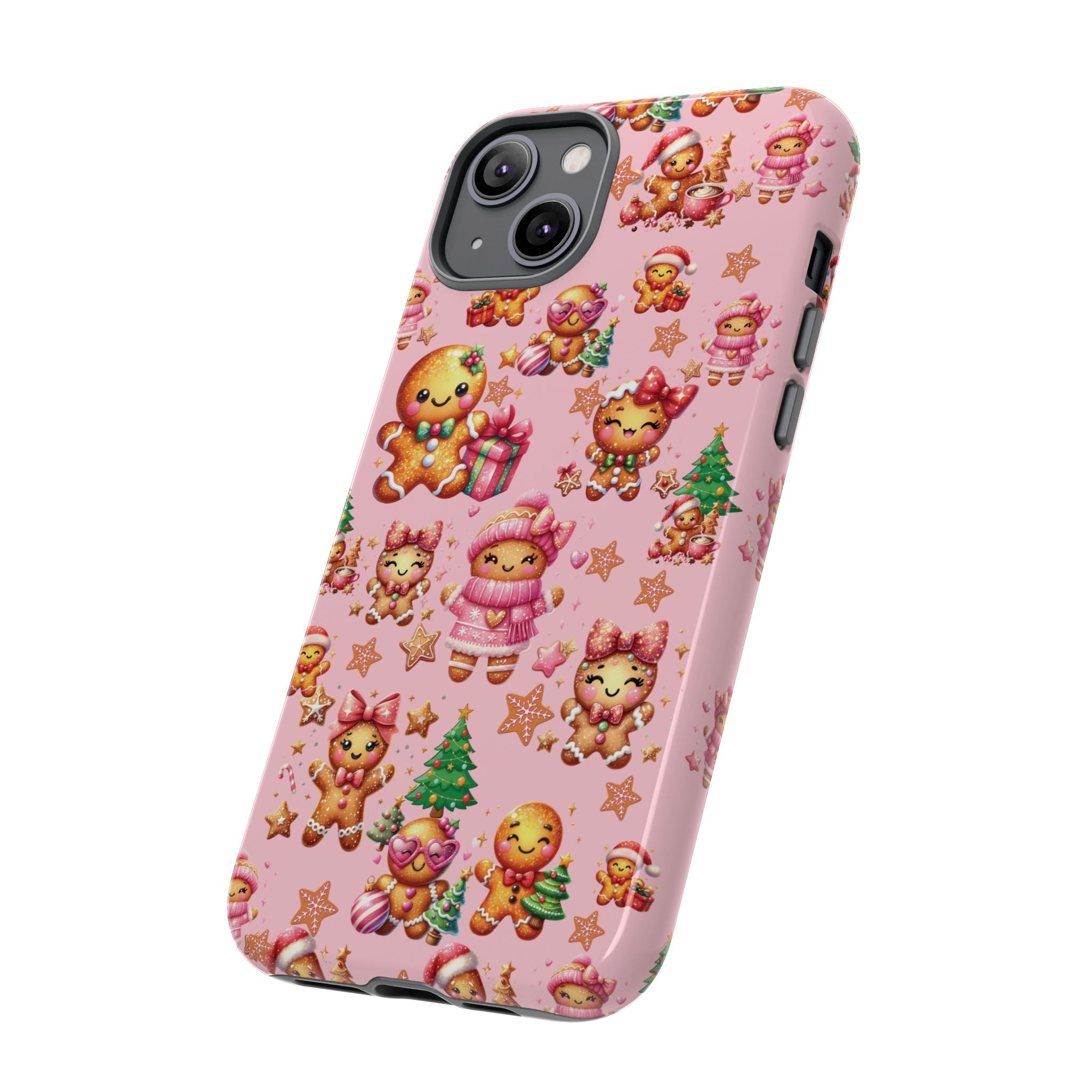 Coque de téléphone en forme de petite fille pain d'épices rose adorable, ambiance girly pour les fêtes, esthétique douce de Noël, idée cadeau mignonne et festive pour elle, housse de protection amusante