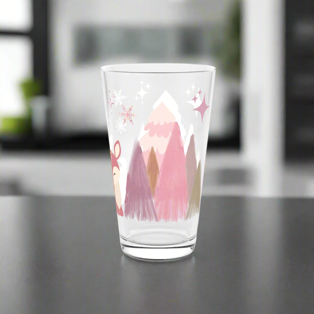 16oz Winter Deer Pint Glass, Pink & Lavender Christmas Cup, Whimsical Holiday Drinkware, Feminine Winter Bar Glass, Cute Xmas Gift, Cozy Vibes