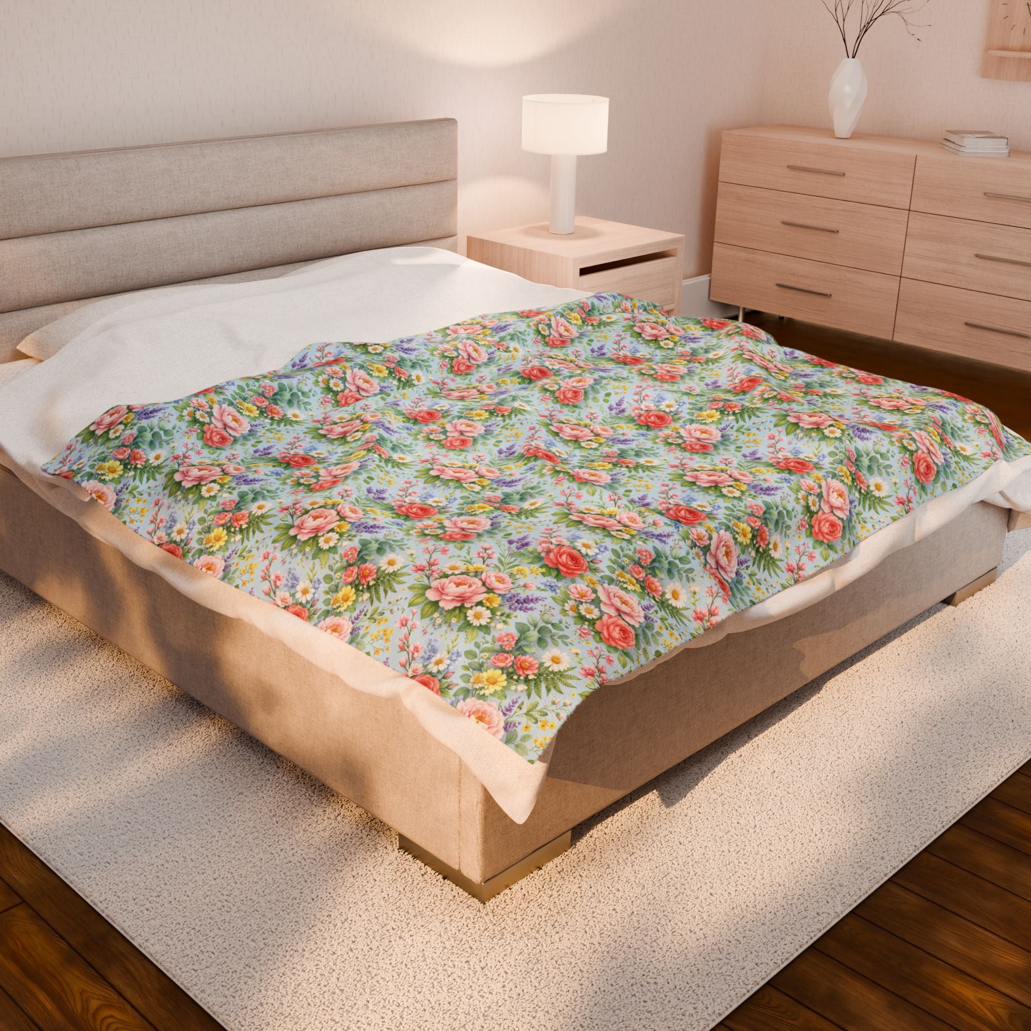 Icy Blue Watercolor Floral Velveteen Plush Blanket — Soft Floral Throw for Cozy Home & Gift