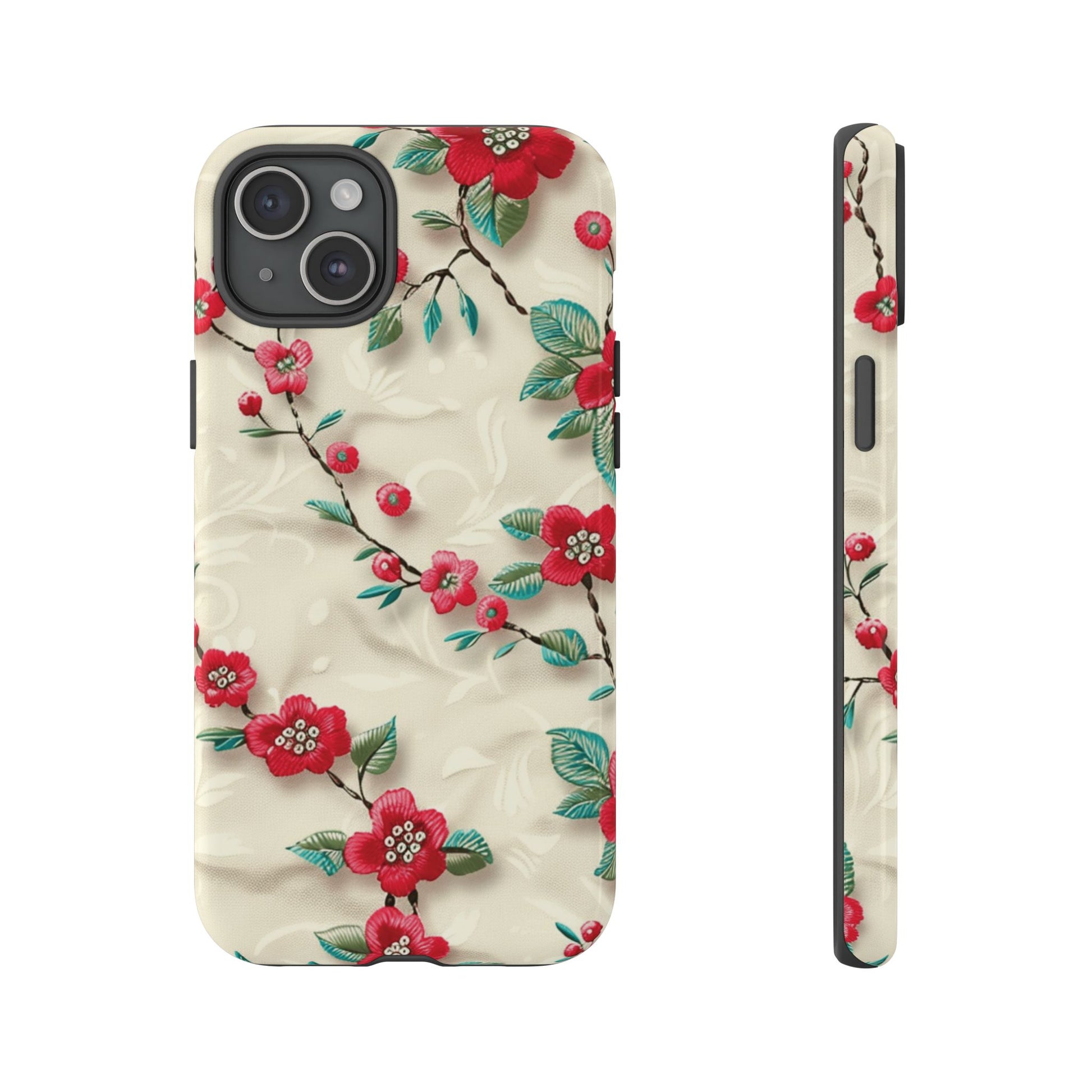 3D Embroidery Illusion Red Flowers Phone Case for iPhone, Samsung Pixel Artistic Floral Protection 15 14 13 12, 21 23 Gift for Her Perfect for Floral Lover