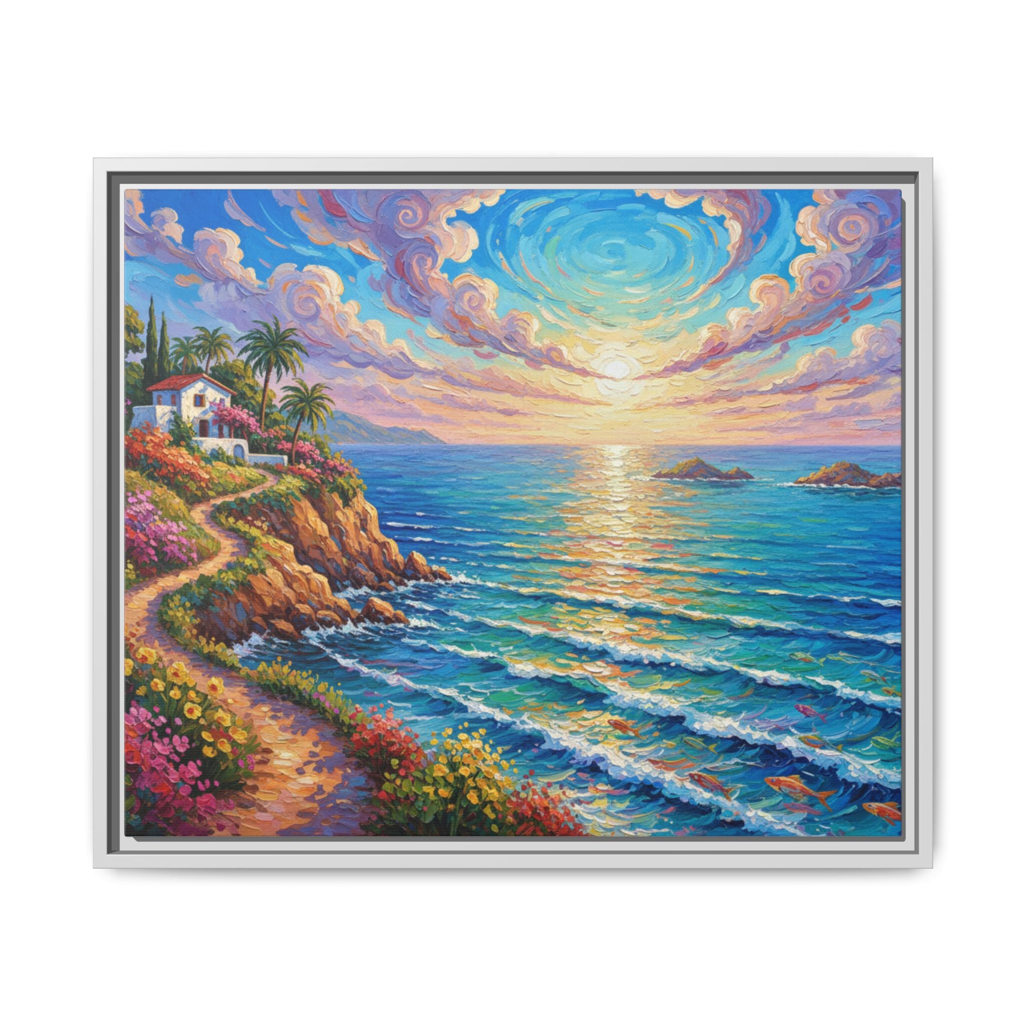 Ocean Floral Print Canvas | Bright Colorful Seascape Wall Art, Framed Matte Office Art Work