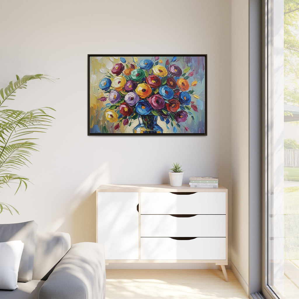 Impression sur toile bouquet floral aquarelle - Tableau mural encadré mat - Illusion de peinture à l'huile vibrante