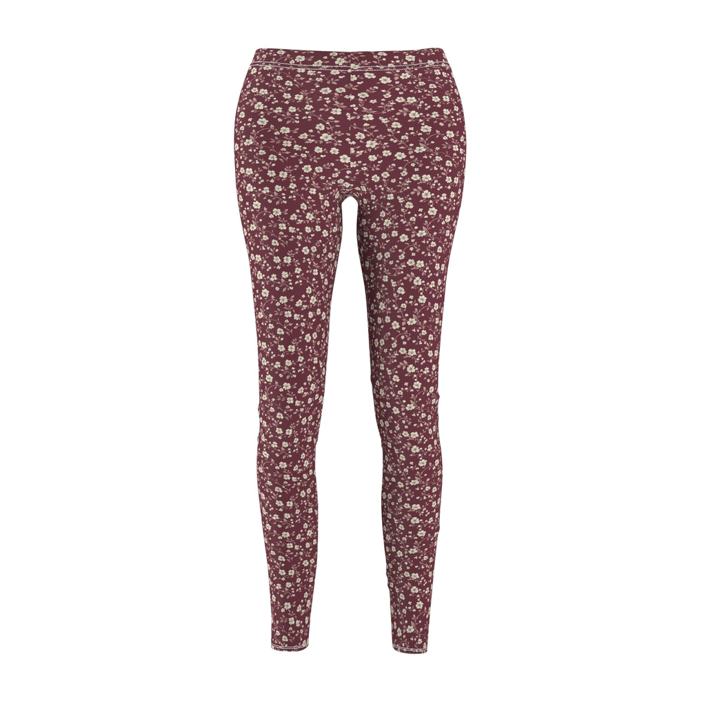 Burgundy White Floral Abstract Women's Casual Leggings Stylish, Comfortable High-Waisted Yoga Pants for Everyday Wear, Workout, and Lounge – Perfect Gift Idea for Her – Available in Plus Sizes - MRSBYVALLE