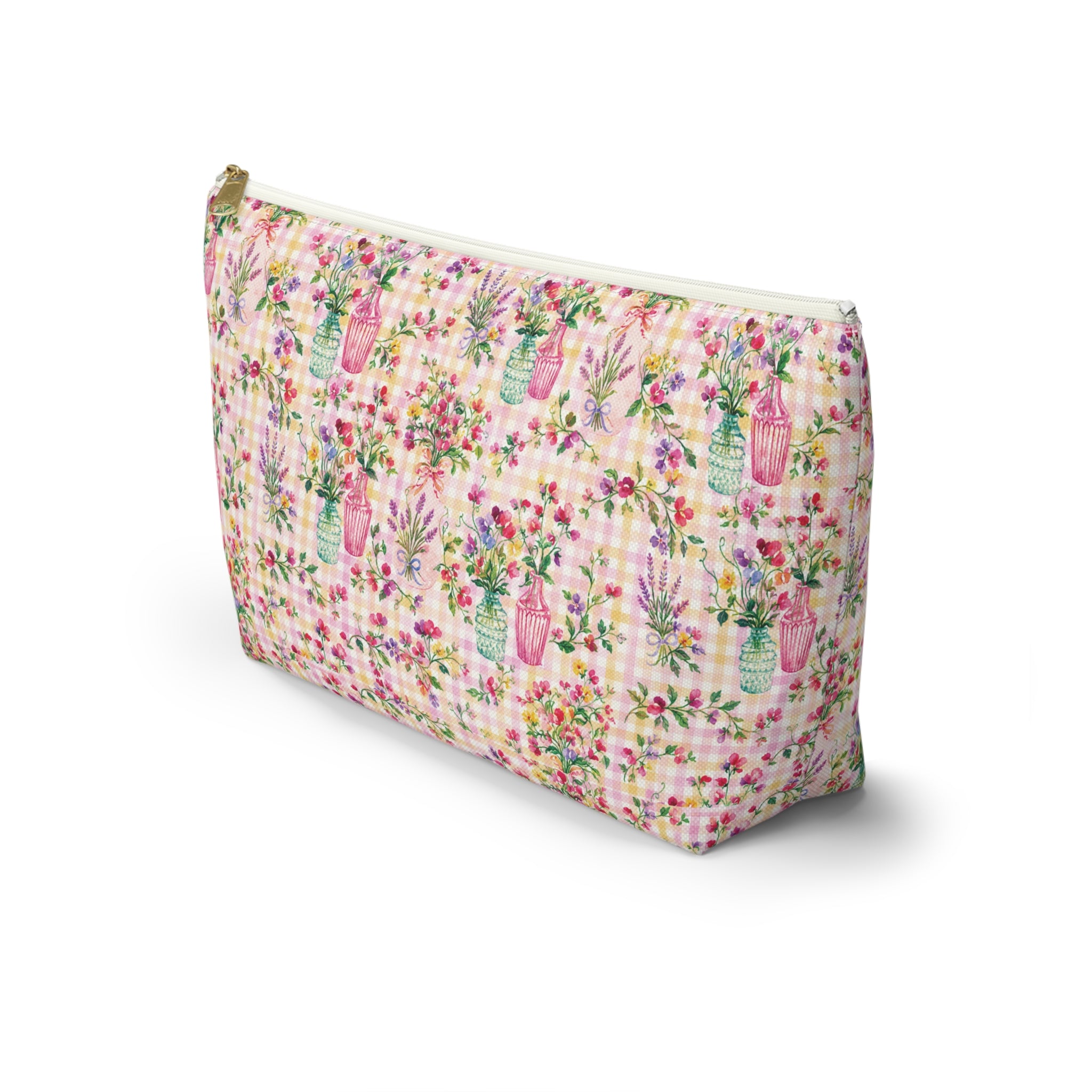Trousse à accessoires à carreaux floraux turquoise et rose (fond en T) Maquillage, Sac cadeau pour elle