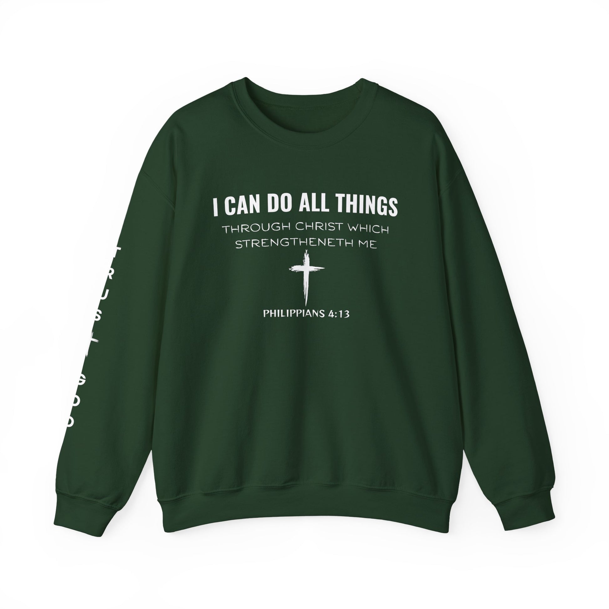 Green sweatshirt with motivational quote and cross design on a white background