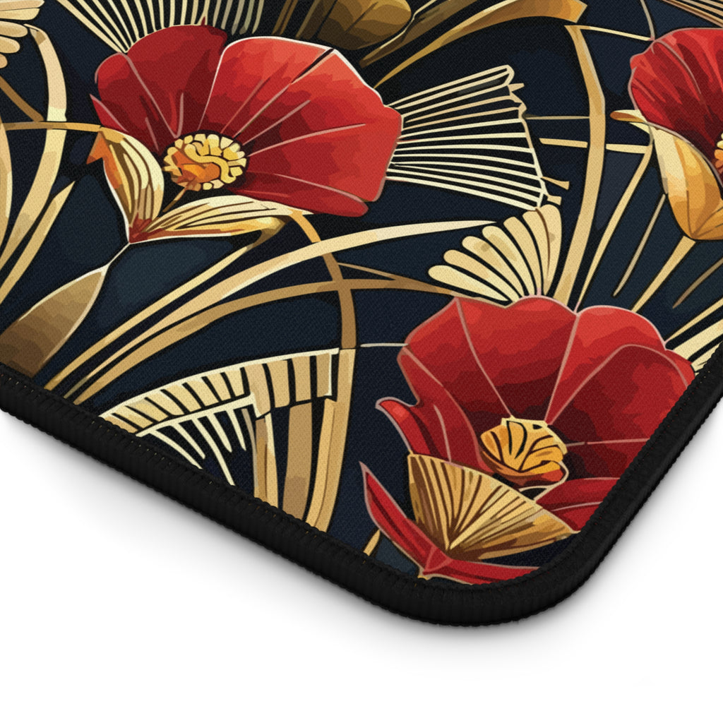 Tapis de bureau Art Déco Fleur Rouge Noir & Or — Tapis de souris floral vintage