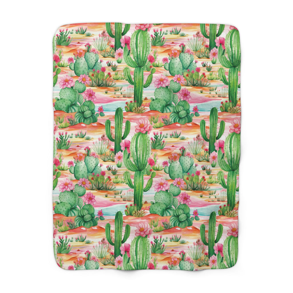 Pink and Mint Green Cactus Flowers Fleece Blanket - Soft, Cozy, Nature-Inspired Throw | Stylish Home Décor or Gift for Comfort and Warmth - MRSBYVALLE