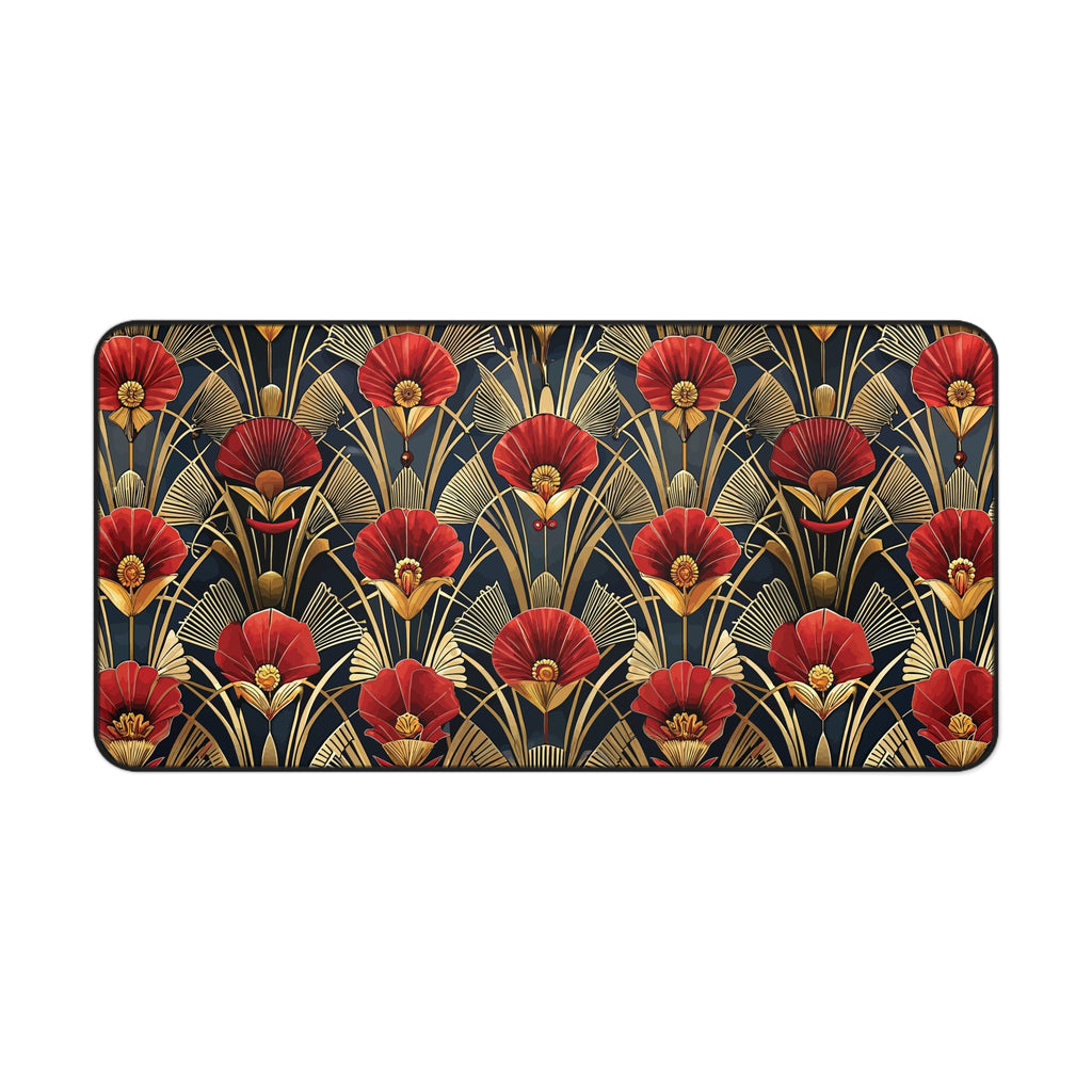 Tapis de bureau Art Déco Fleur Rouge Noir & Or — Tapis de souris floral vintage