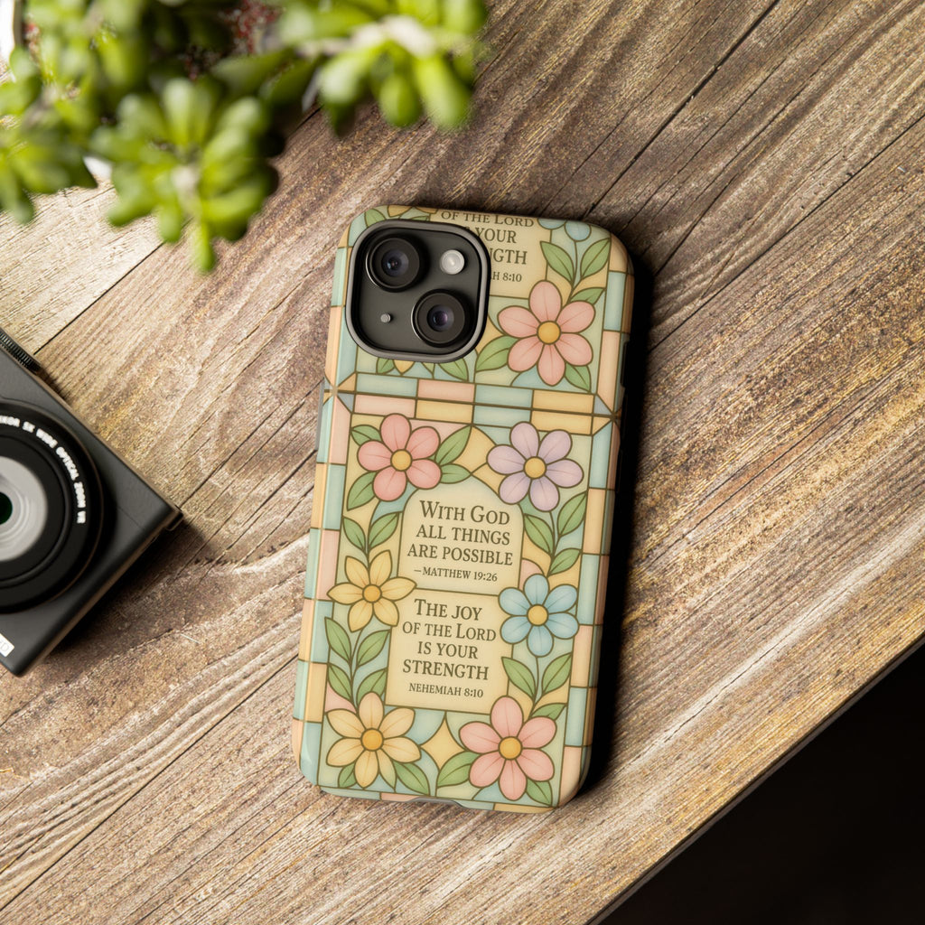 Pastel Stained Glass Bible Verse Phone Case Christian Affirmation Cover, Soft Geometric Design, iPhone Samsung Google, Faith Gift for Her Bible Verse or Affirmation | Protective, Inspirational Gift for Christians