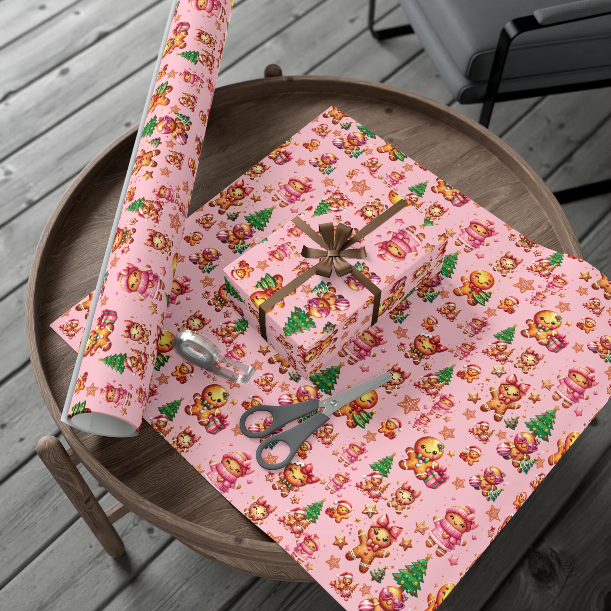 Pink Gingerbread Girls Christmas Wrapping Paper Cute Holiday Gift Wrap for Her, Festive & Whimsical Packaging for Xmas, Baby Showers Birthdays 3 SizesPerfect for Seasonal Gifting