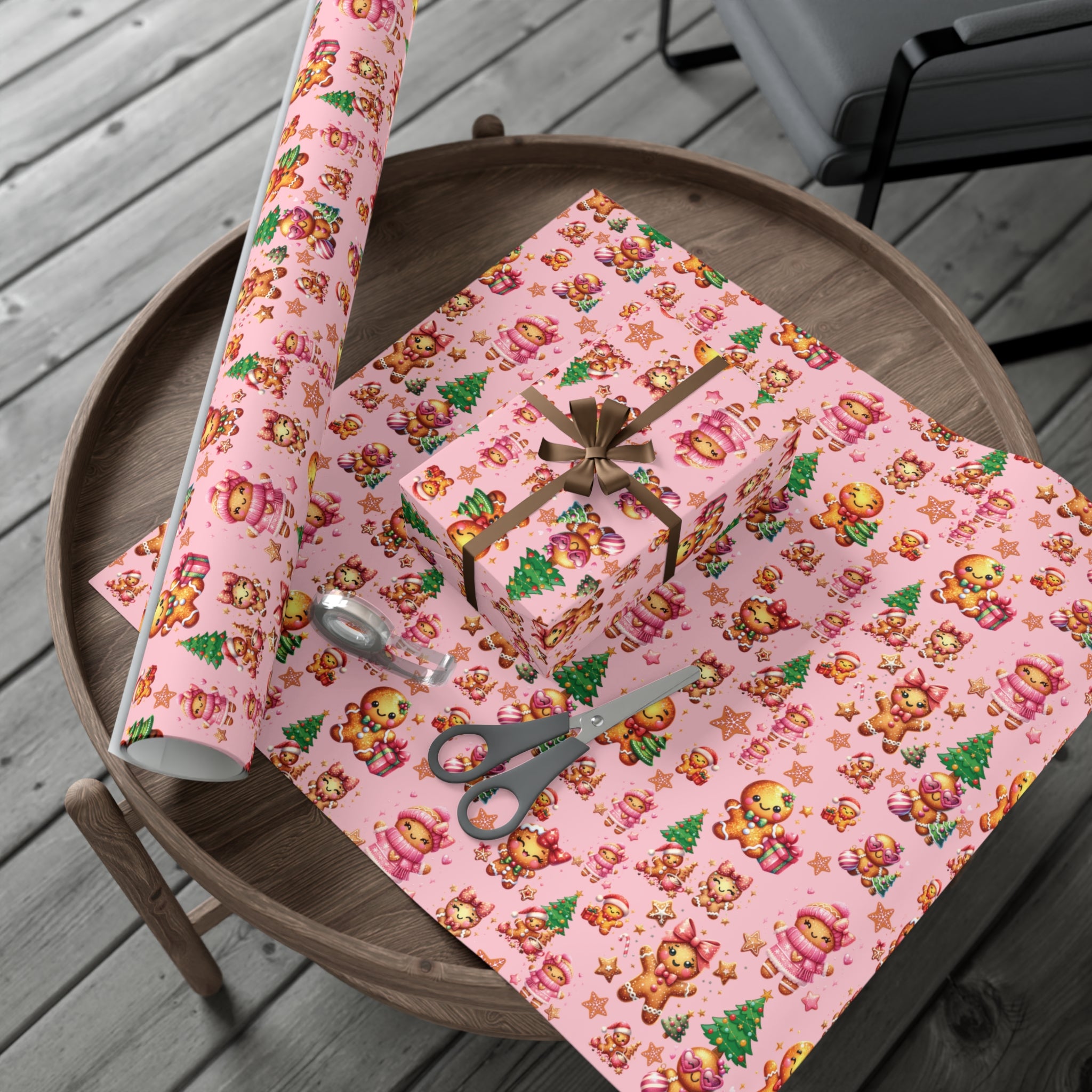 Pink Gingerbread Girls Christmas Wrapping Paper Cute Holiday Gift Wrap for Her, Festive & Whimsical Packaging for Xmas, Baby Showers Birthdays 3 SizesPerfect for Seasonal Gifting