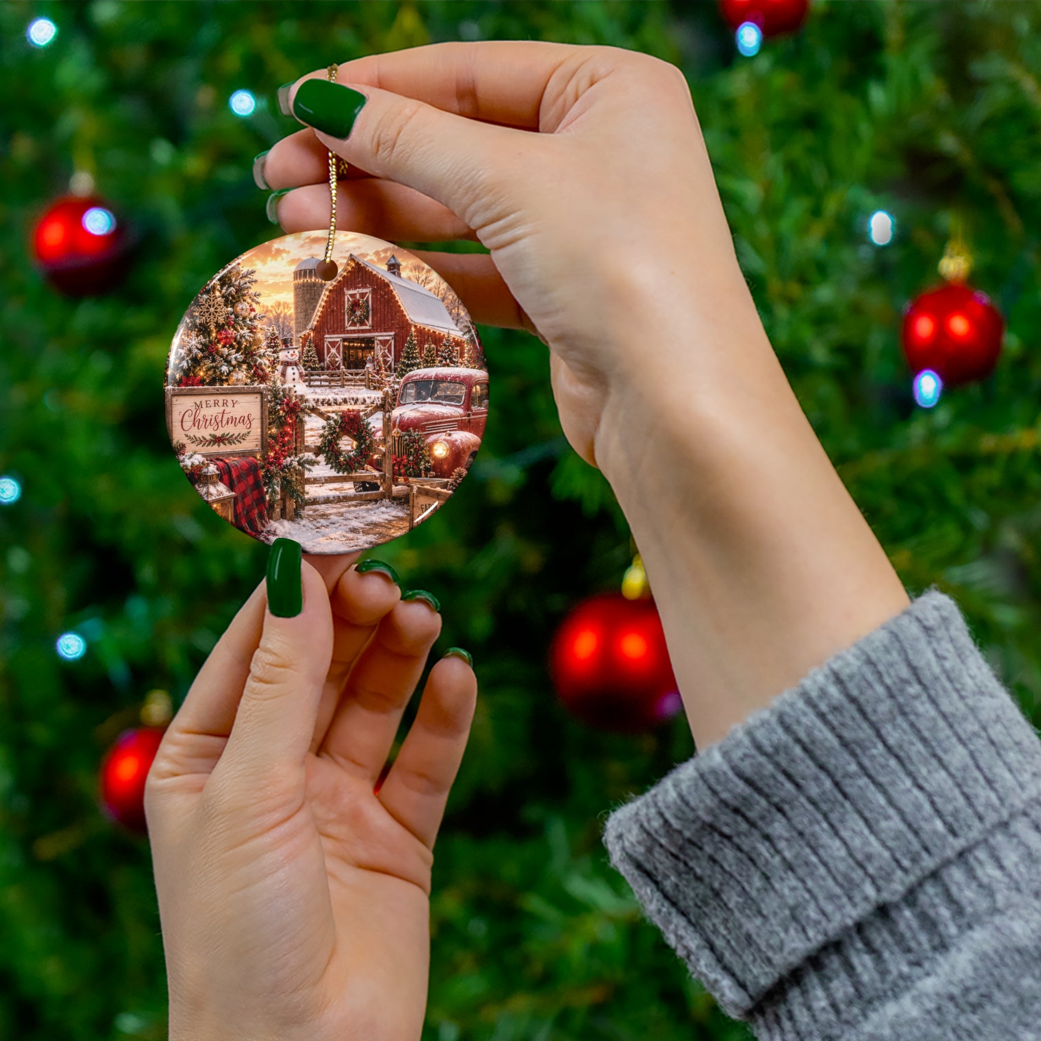Vintage Christmas Truck Ceramic Ornament — Merry Christmas Farmhouse Holiday Decoration