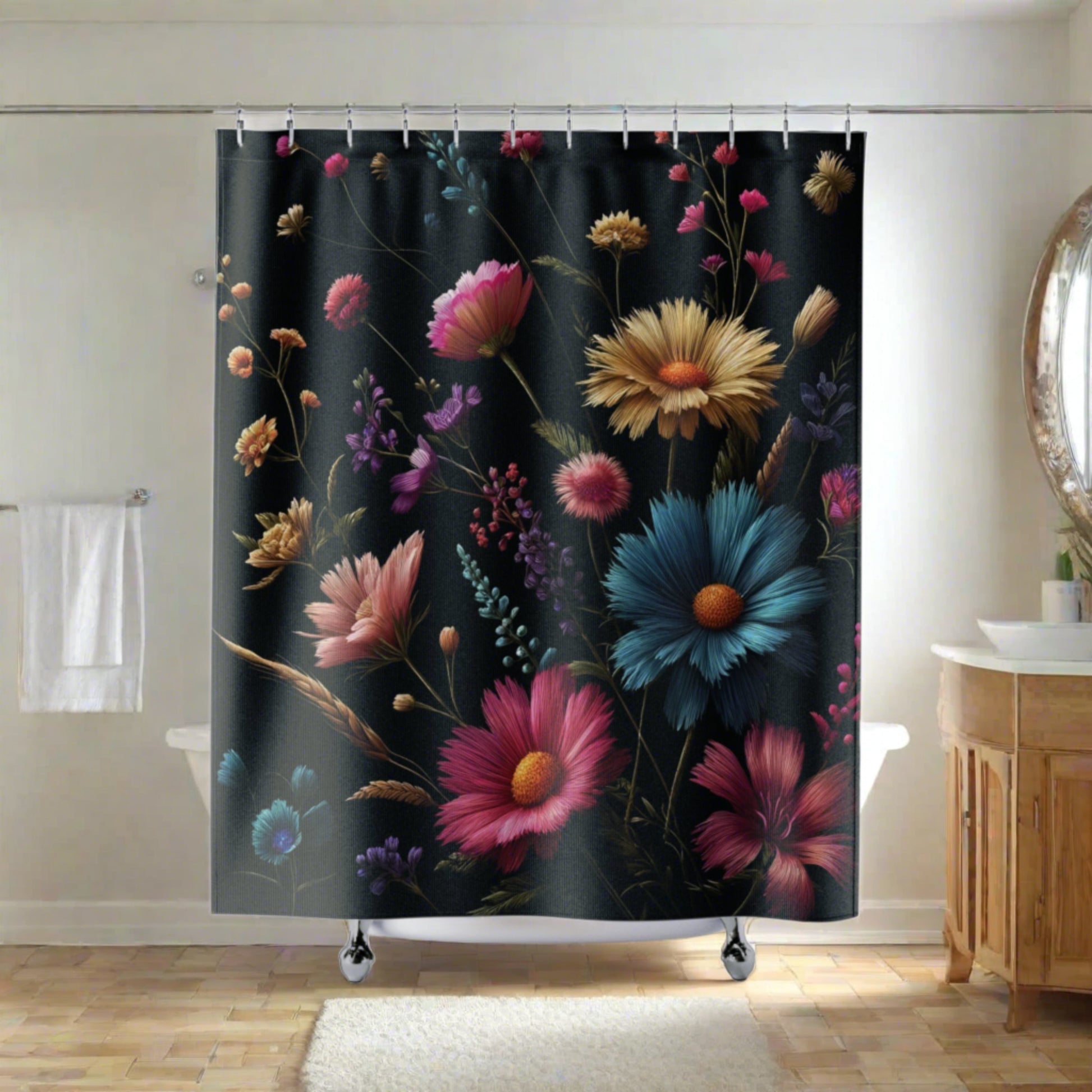 Black Cottage Core New House Shower Curtain Meadow Blooms Luxurious Bathroom Decor, Ideal Housewarming Wedding Gift for Mom Bridal Shower Gift Newlywed.
