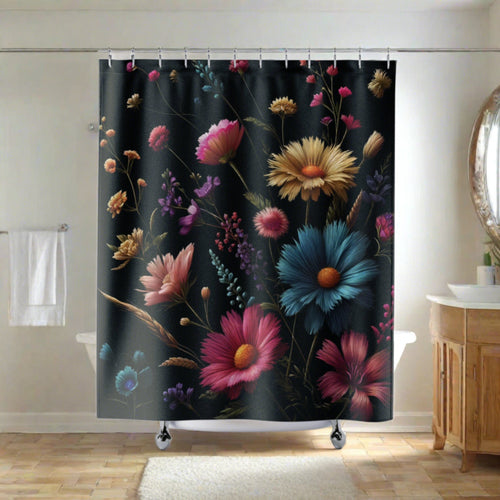 Black Cottage Core New House Shower Curtain Meadow Blooms Luxurious Bathroom Decor, Ideal Housewarming Wedding Gift for Mom Bridal Shower Gift Newlywed.