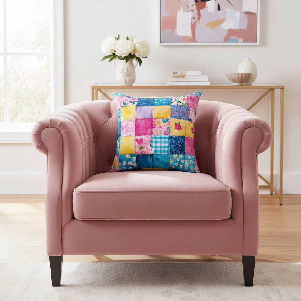 Multicolored patchwork pillow with floral patterns on a white background