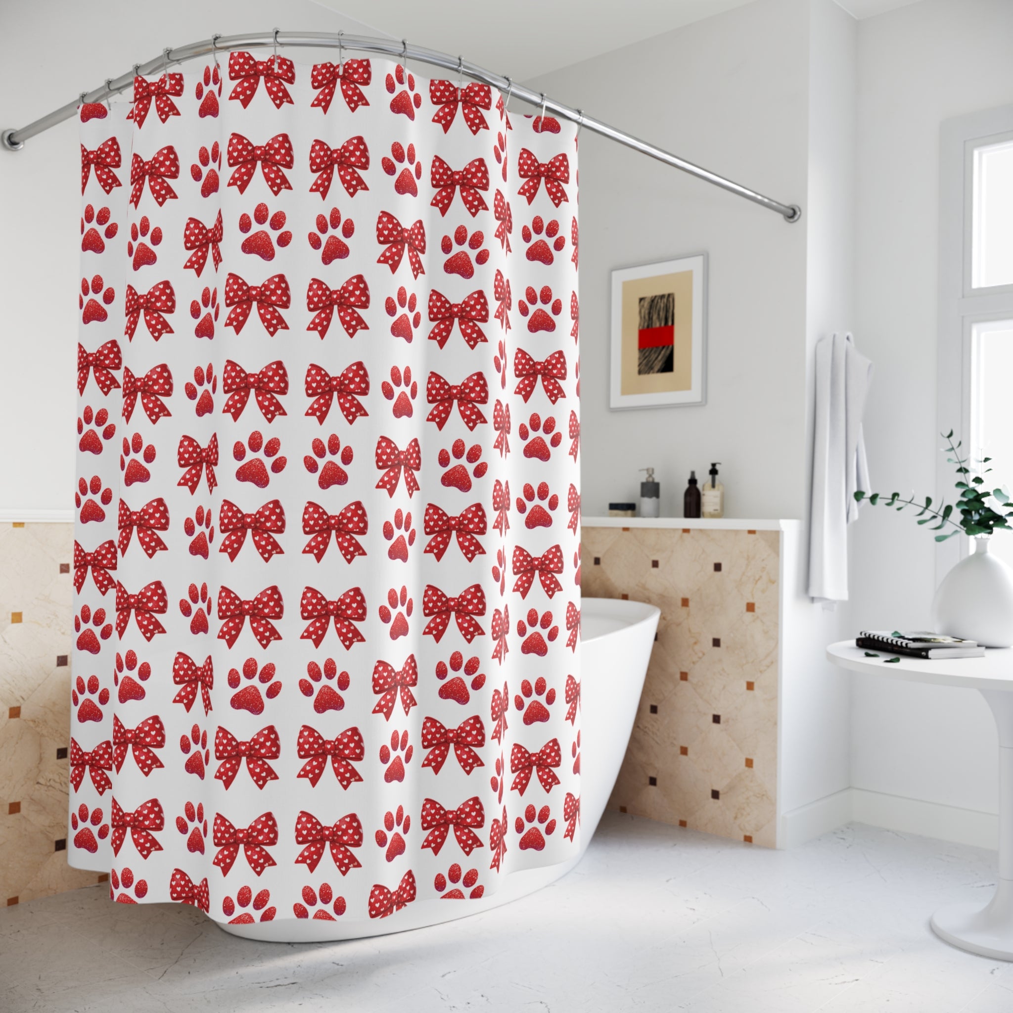 Red Bows and Paws Shower Curtain 71x74 - Cute Paw Print Bathroom Decor, Adorable Dog Lover Gift, Durable and Stylish, Perfect Pet-Themed Home Accessory! - MRSBYVALLE