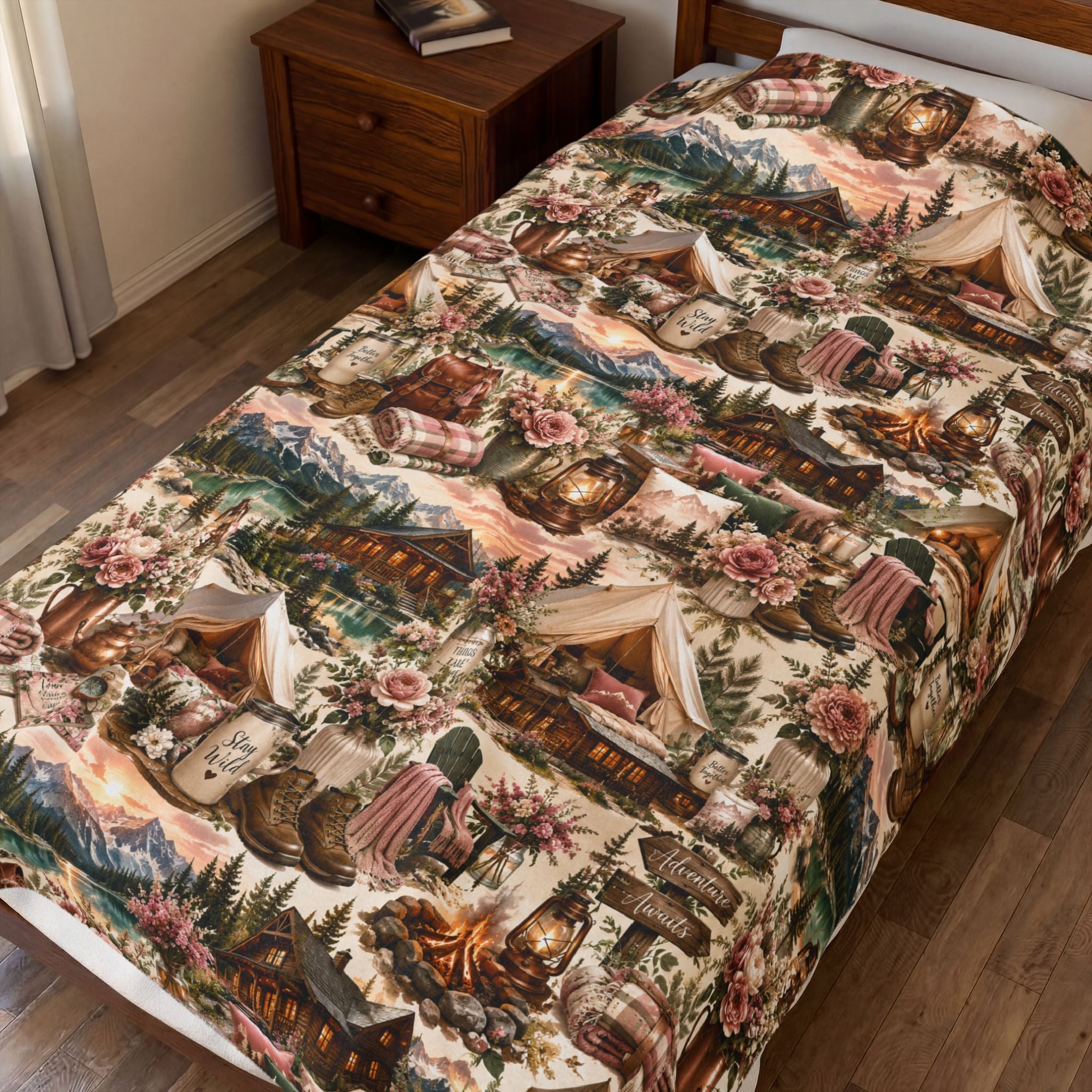 Cozy Cabin Camping Velveteen Plush Blanket Outdoor