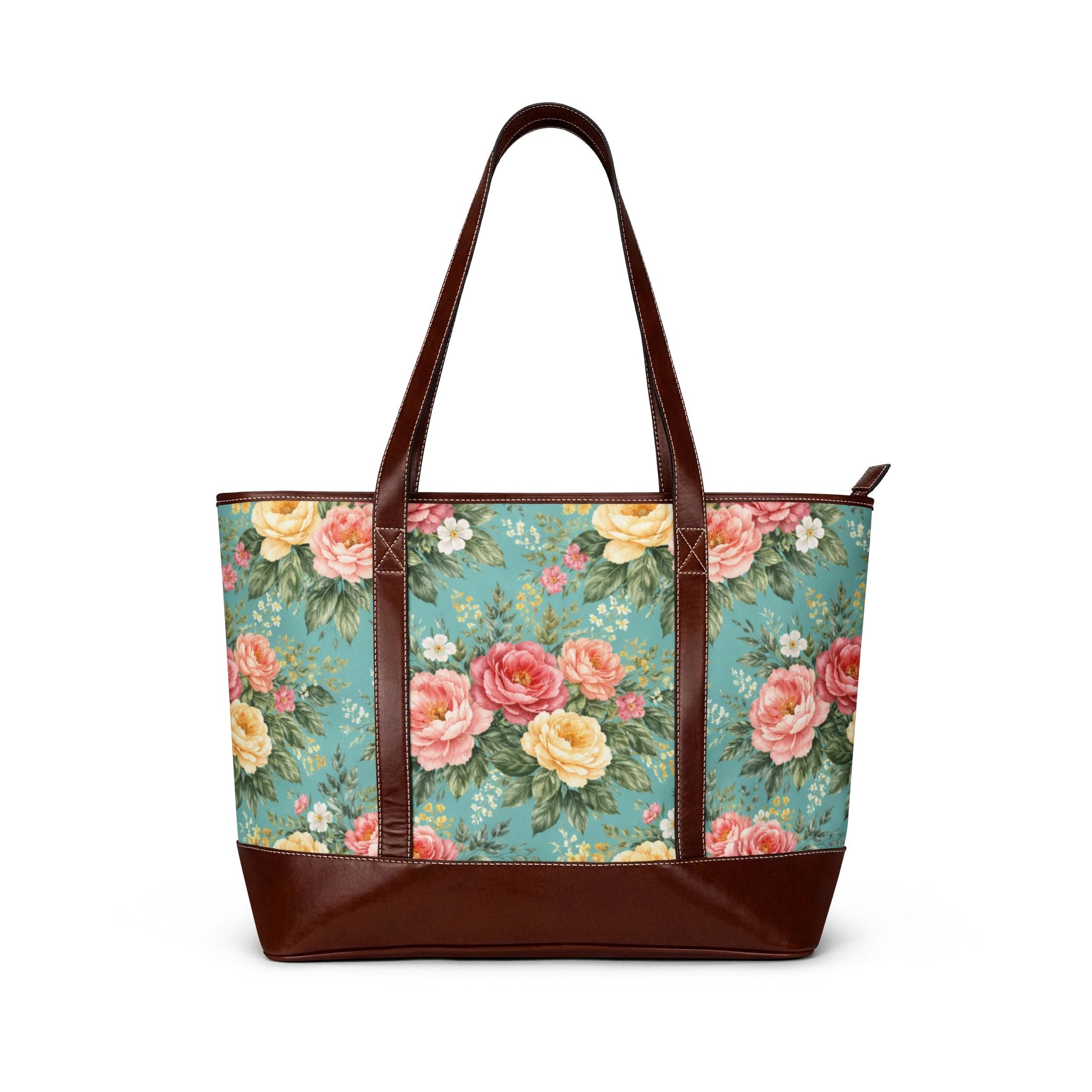 Vintage Floral Roses Handbag | Teal Rose Pattern Tote with Leather Trim