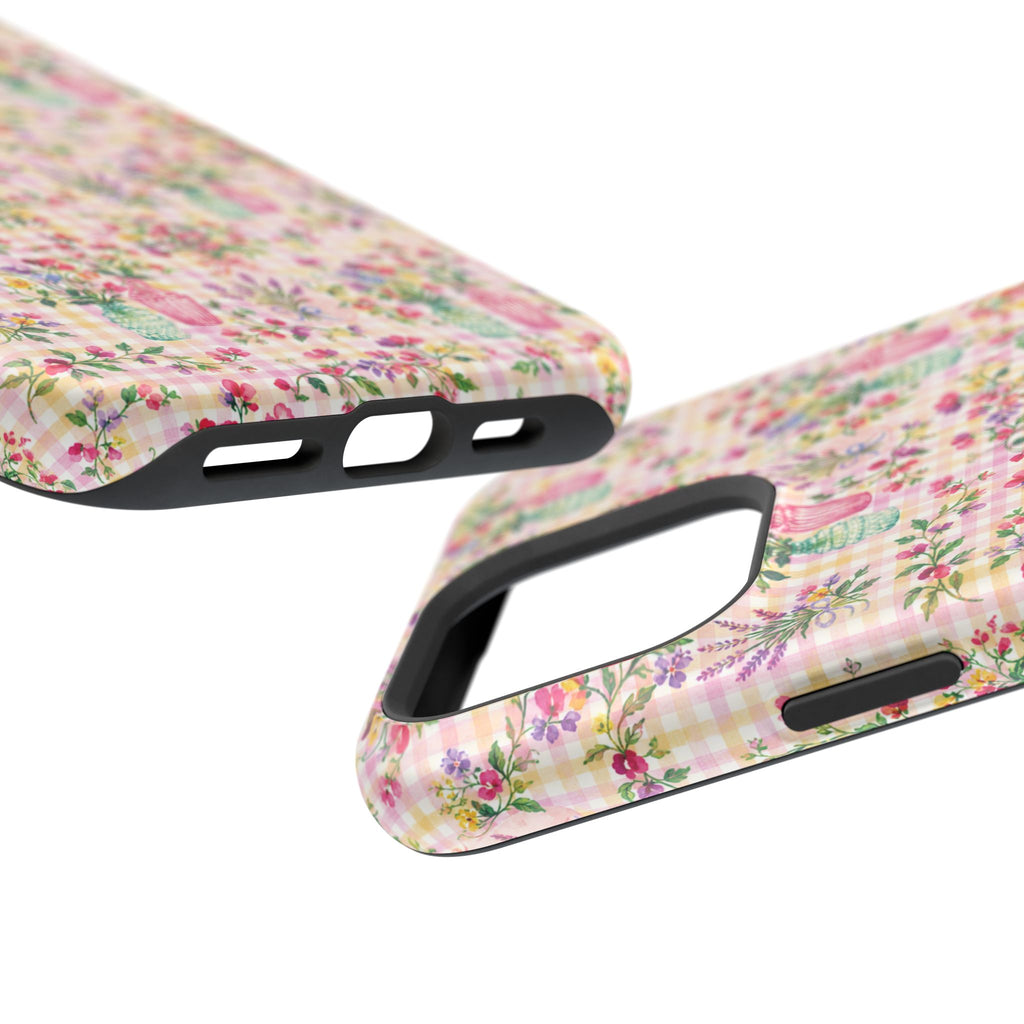 Turquoise & Pink Floral Checker Phone Case — Magnetic Impact-Resistant