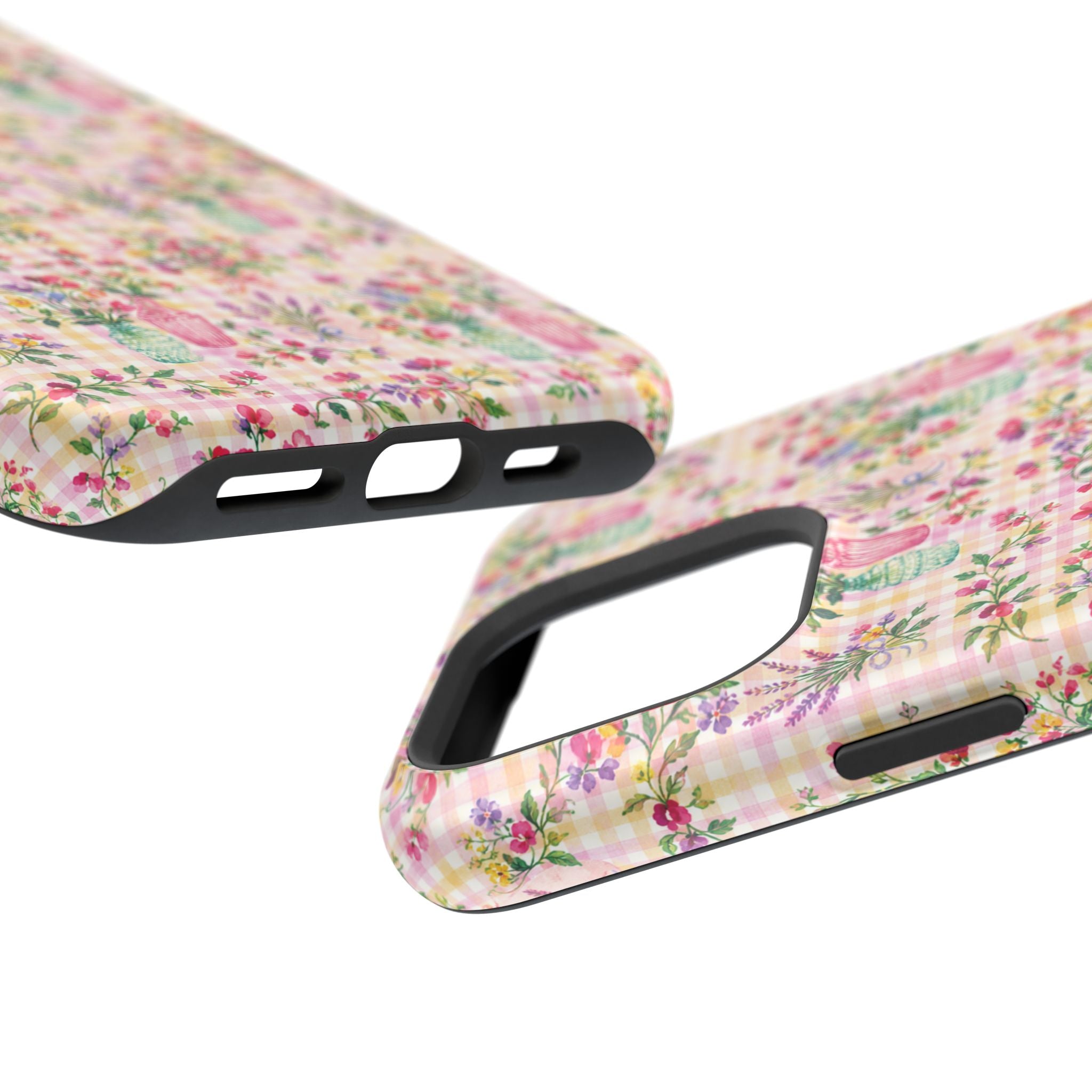 Turquoise & Pink Floral Checker Phone Case — Magnetic Impact-Resistant