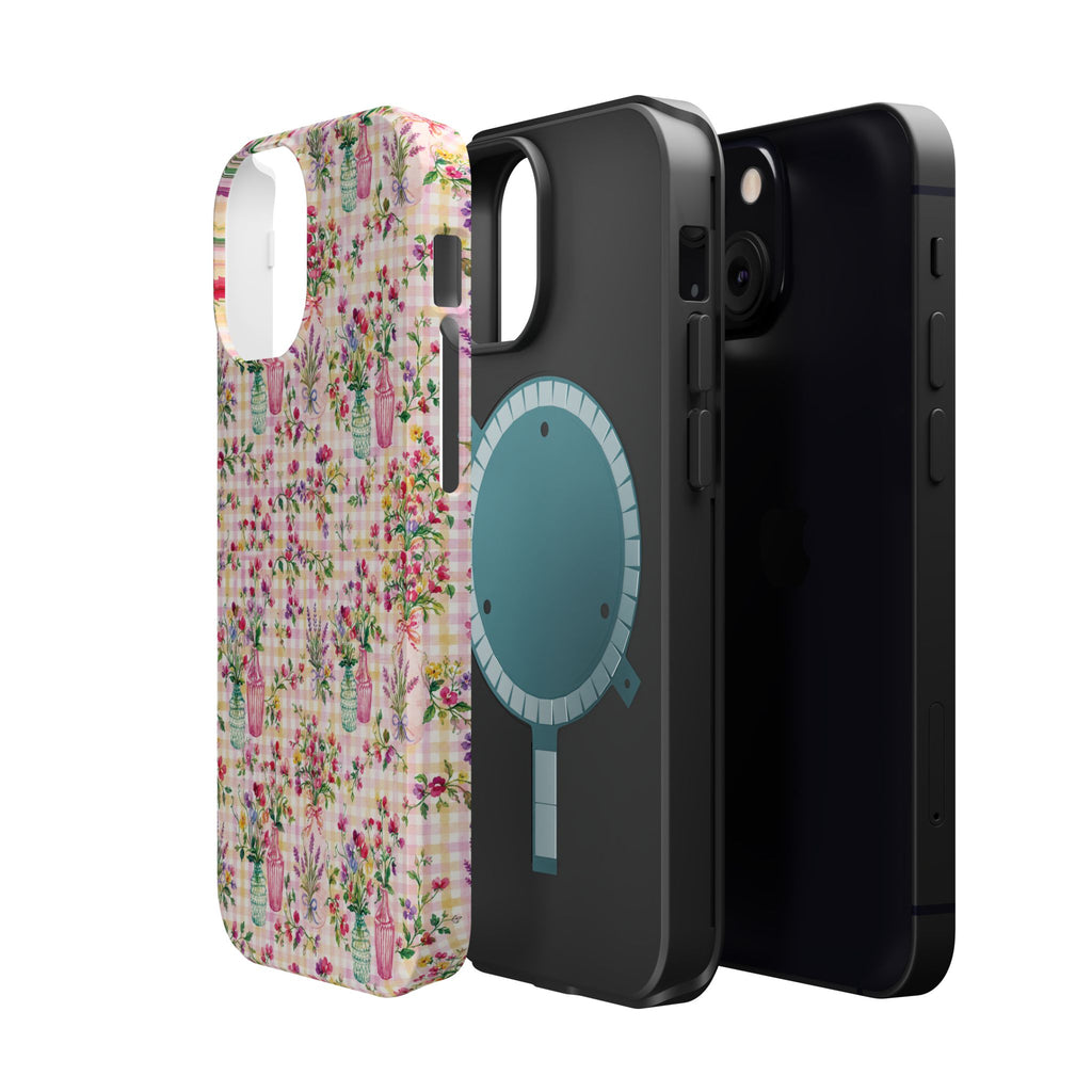 Turquoise & Pink Floral Checker Phone Case — Magnetic Impact-Resistant