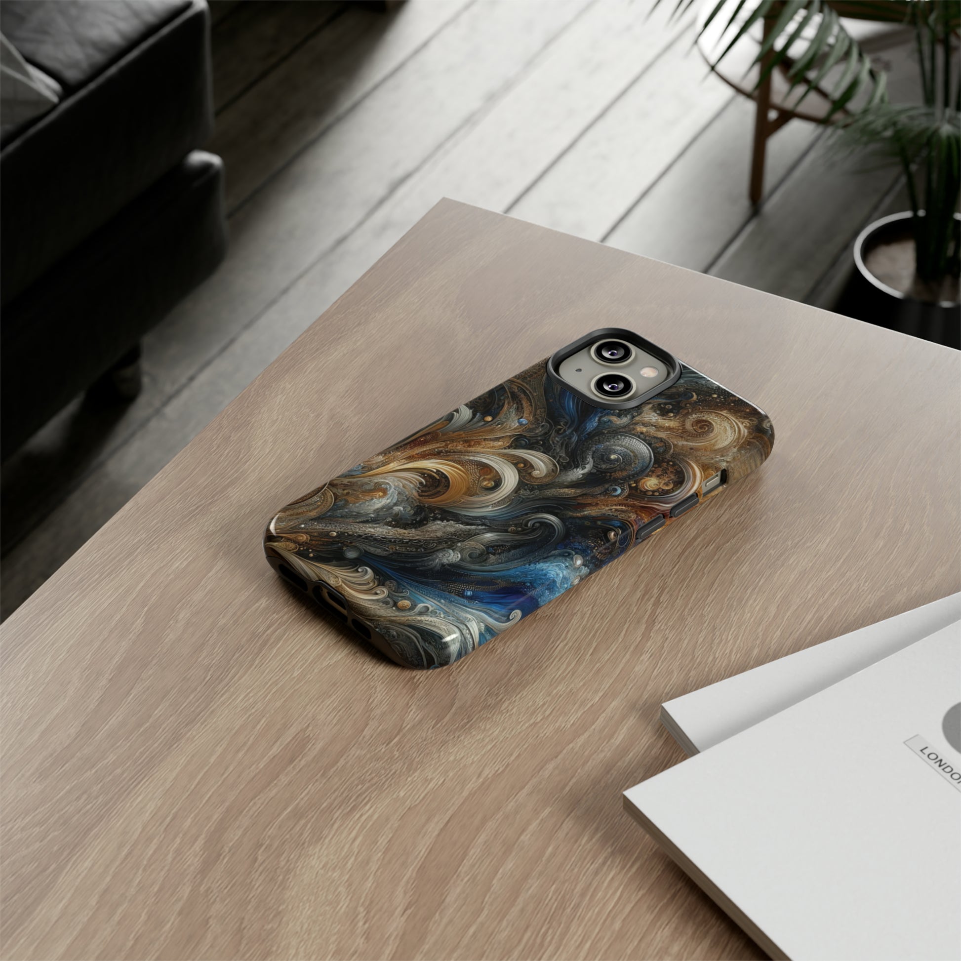 Gold and Navy Art Design Luxury Phone Tough Case Floral Elegant Durable Stylish for Modern Devices iPhone 15, Samsung iPhone Samsung Accessory Gift for Her.