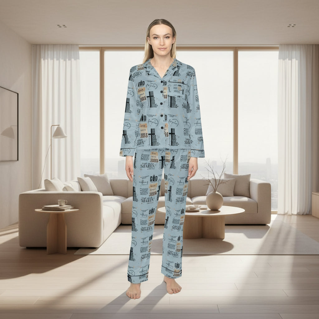 Woman wearing a patterned pajama set on a white background