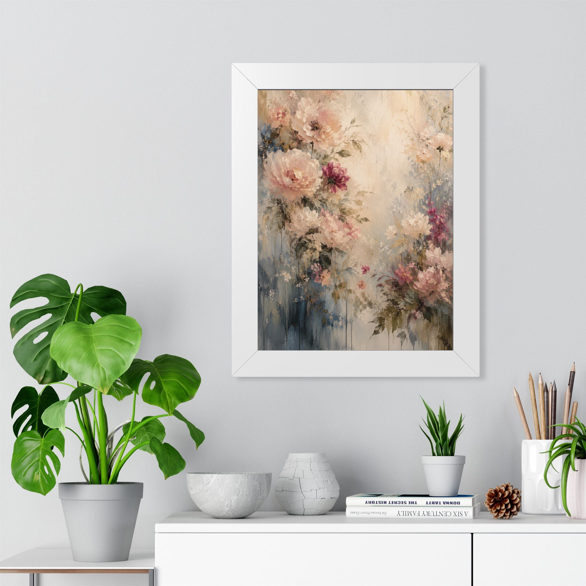 Soft Watercolor Peonies Framed Vertical Poster | Floral Wall Art