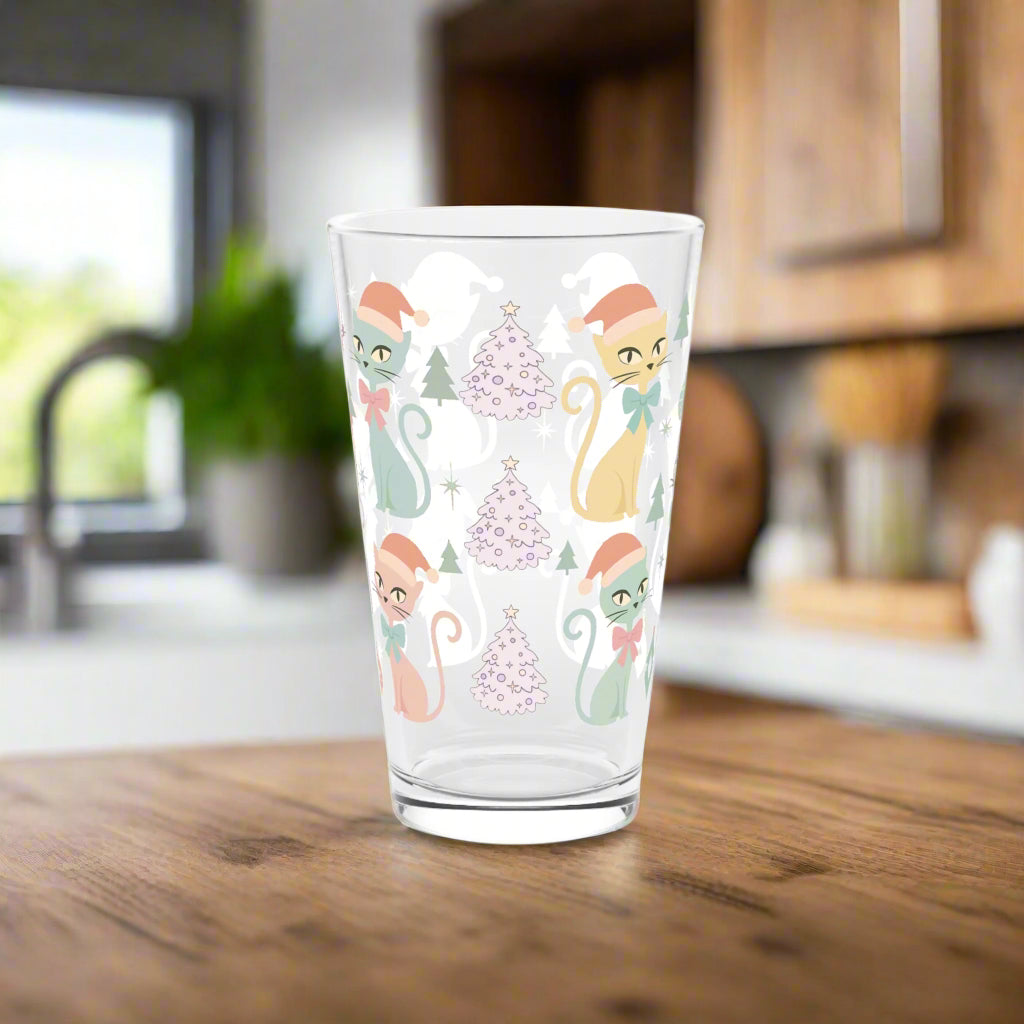 Pastel Atomic Cat Pint Glass, 16oz Retro Mid Century Modern Drinkware, Vintage Kitty Cup with Coquette Bow, Cute Aesthetic Bar Glass for Cat Lovers