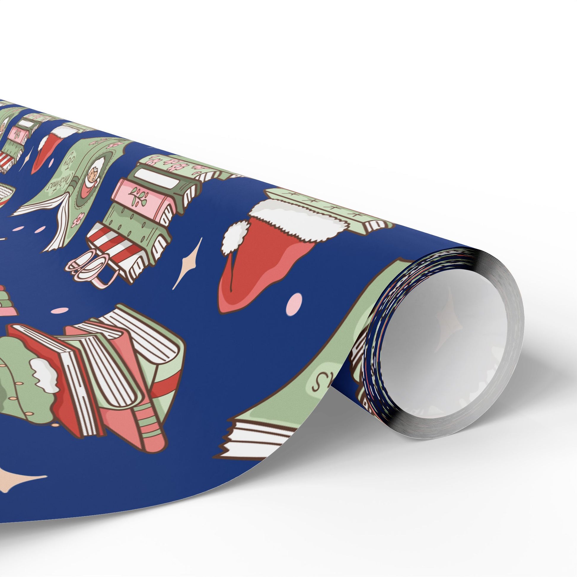 Wrapping Papers Royal Blue Christmas Books and Coffee Design Holiday Gift Wrap