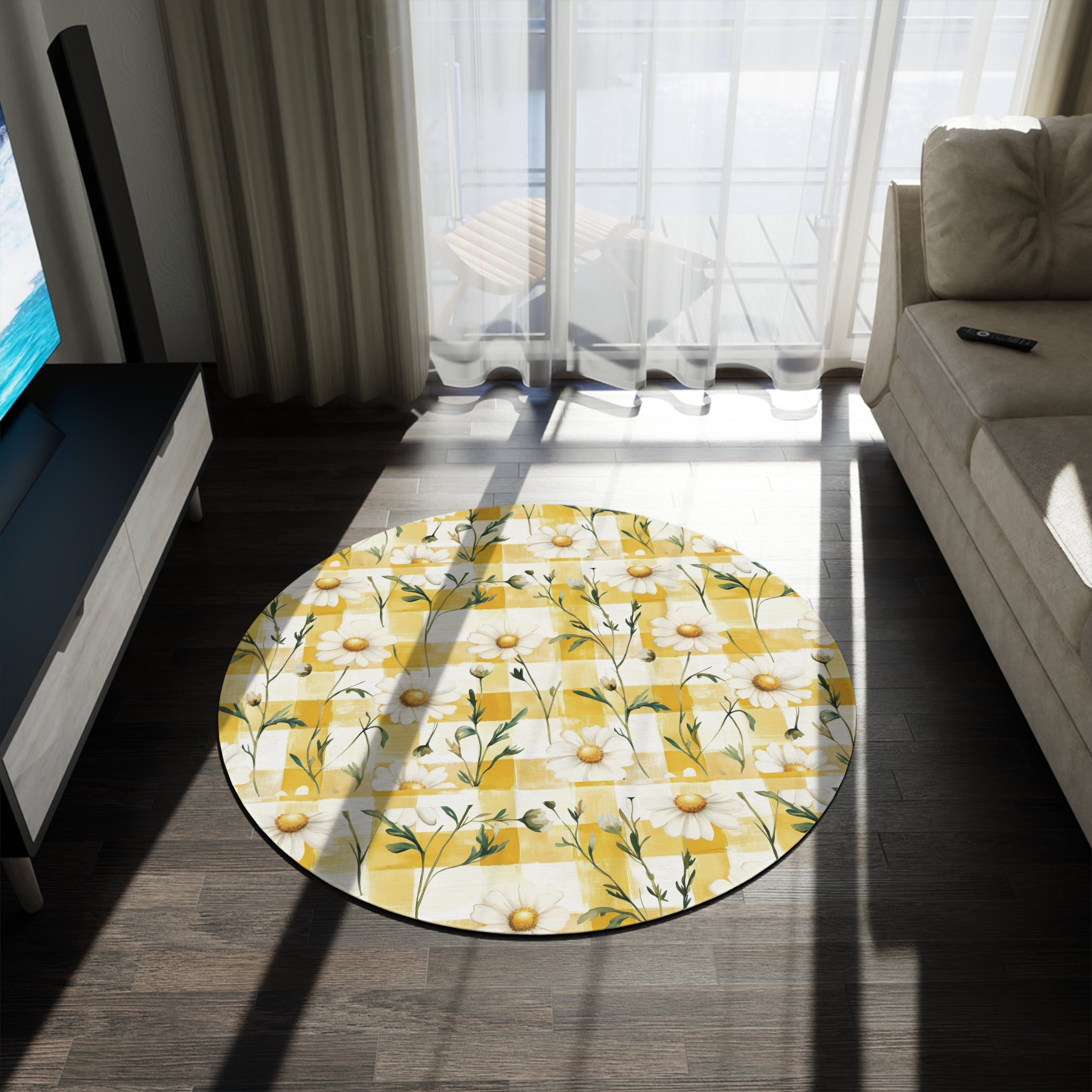 Pastel Yellow Daisy Checker Round Rug — Spring Floral Accent Mat