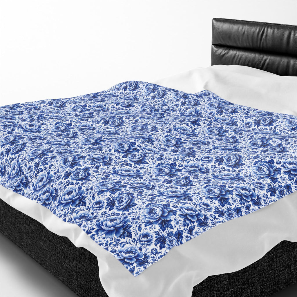 Blue Floral Velveteen Plush Blanket Soft Vintage Rose Throw Blue & White Chinoiserie Peony Elegant Floral Throw