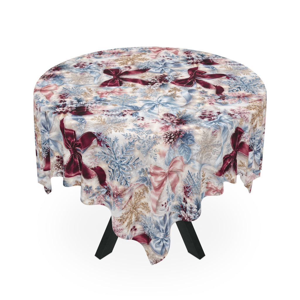 Winter Floral Bow Tablecloth | Holiday Icy Blue Pinks and Ribbon Pattern