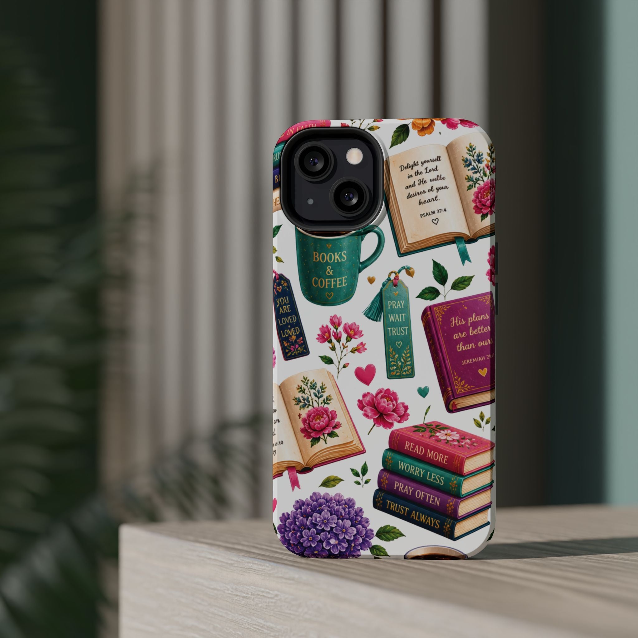 Christian Books & Coffee Phone Case — Magnetic Impact-Resistant Christian Gift
